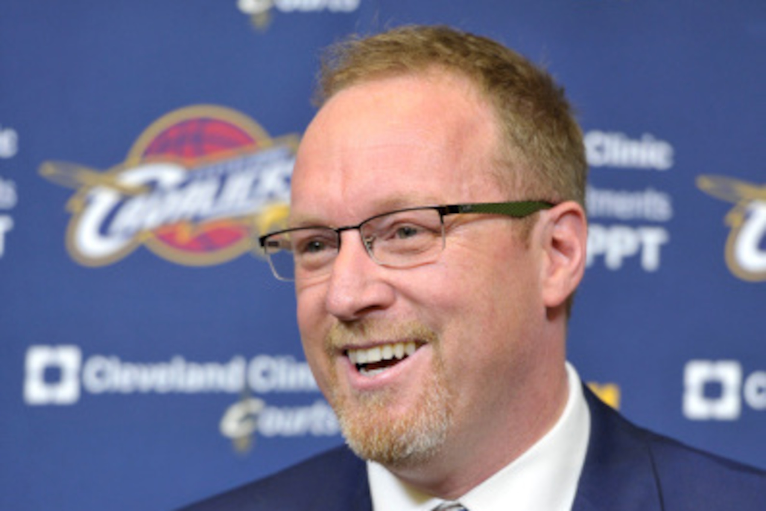 INDEPENDENCE, OH - AUGUST 26:  General Manager David Griffin of the Cleveland Cavaliers introduces Kevin Love #0 to the media at The Cleveland Clinic Courts on August 26, 2014 in Independence, Ohio in Cleveland, Ohio. NOTE TO USER: User expressly acknowle