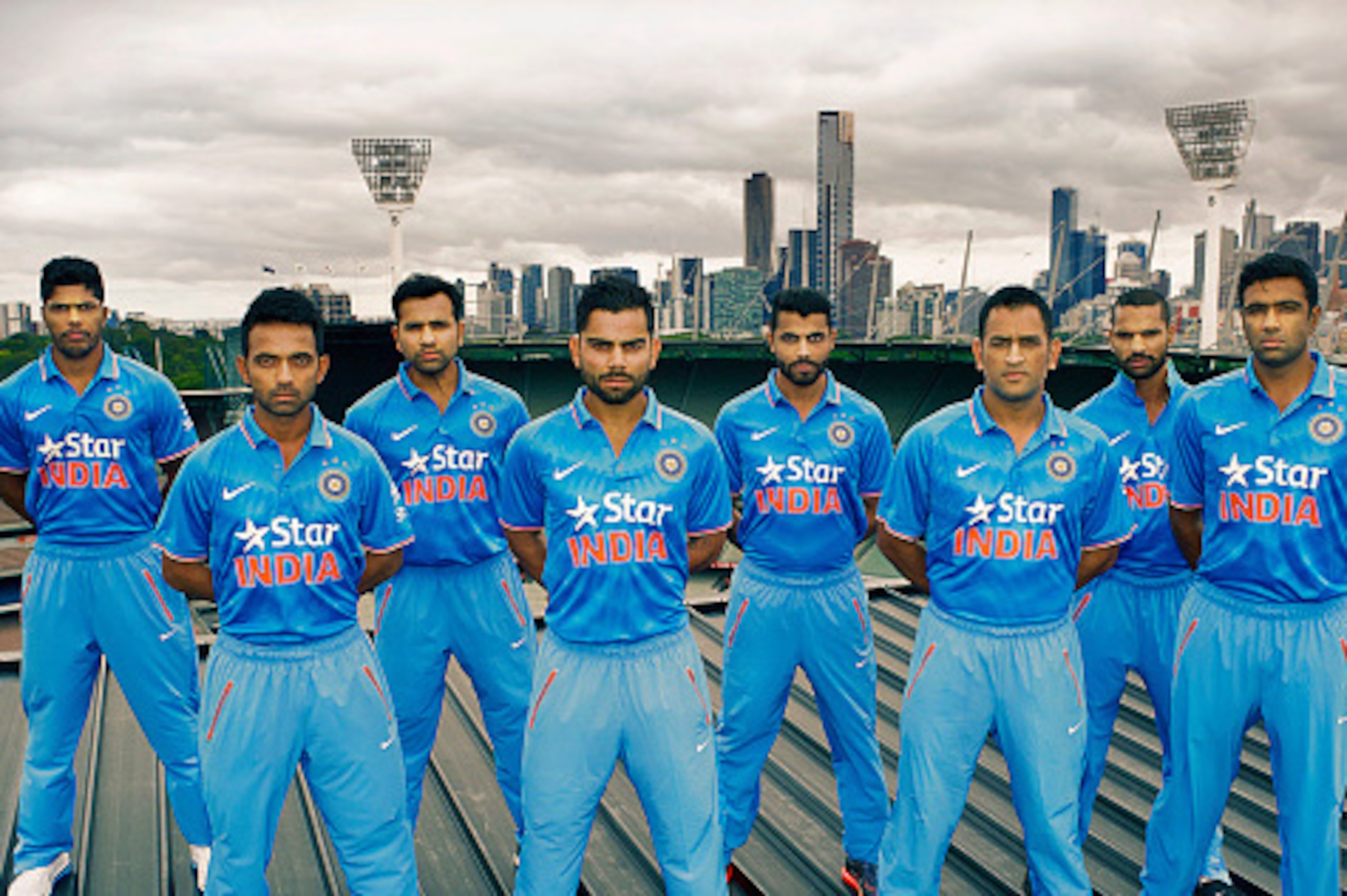 MELBOURNE, AUSTRALIA - JANUARY 15:  In this handout photo provided by SDP Media, members of the Indian cricket team Umesh Yadav, Rohit Sharma, R.Jadeja, Shikhar Dhawan, Ajinkya Rahane, Virat Kohli, MS Dhoni, R.Ashwin are seen during the unveiling of the I