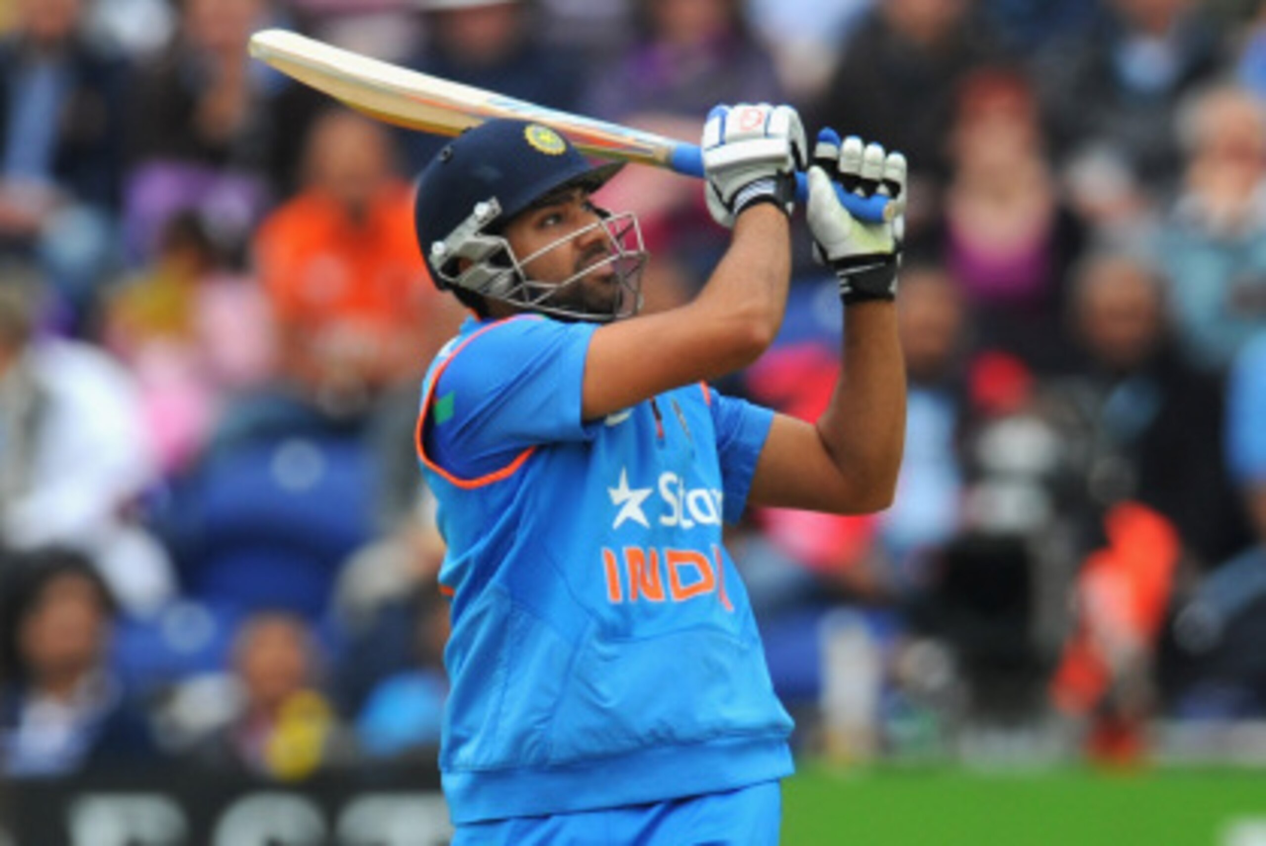 CARDIFF, WALES - AUGUST 27:  India batsman Rohit Sharma pulls a ball for six runs during the 2nd  Royal London One Day International match between England and India at SWALEC Stadium on August 27, 2014 in Cardiff, Wales.  (Photo by Stu Forster/Getty Image