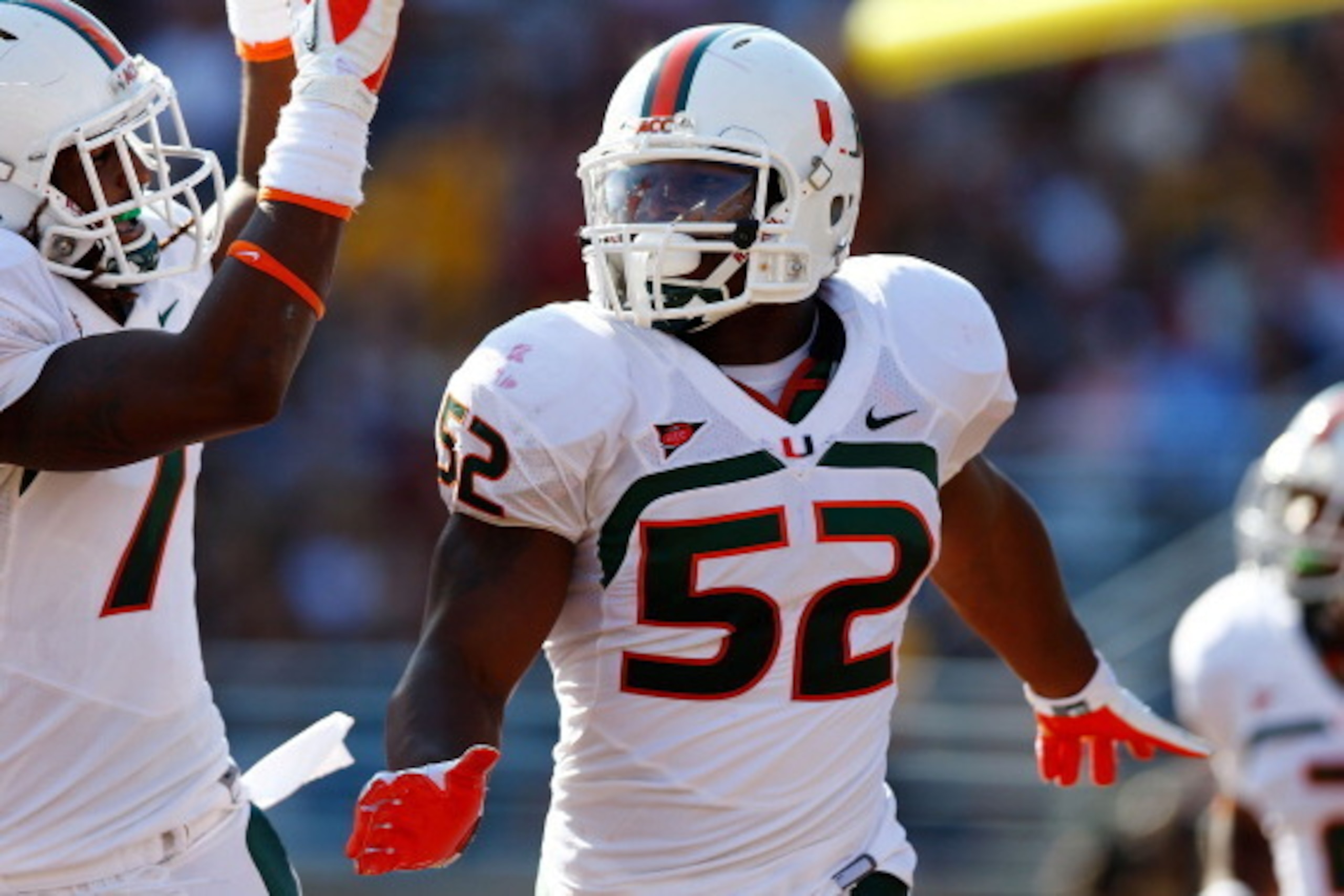 CHESTNUT HILL, MA - SEPTEMBER 01:  Denzel Perryman #52 of the Miami Hurricanes in action against the Boston College Eagles during the game on September 1, 2012 at Alumni Stadium in Chestnut Hill, Massachusetts.  (Photo by Jared Wickerham/Getty Images)