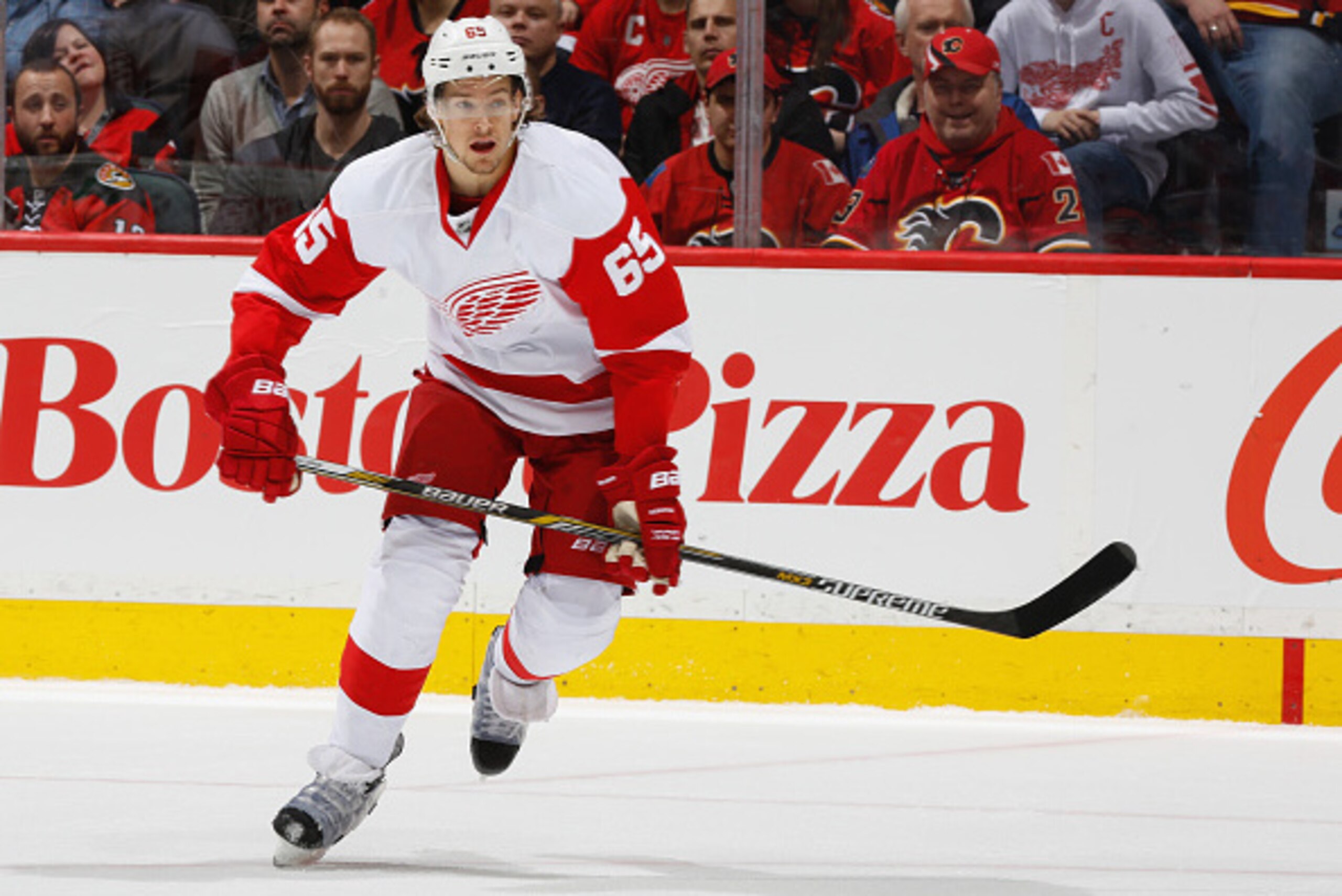 CALGARY, AB - JANUARY 7: Danny Dekeyser #65 of the Detroit Red Wings skates against the Calgary Flames at Scotiabank Saddledome on January 7, 2015 in Calgary, Alberta, Canada. (Photo by Gerry Thomas/NHLI via Getty Images)