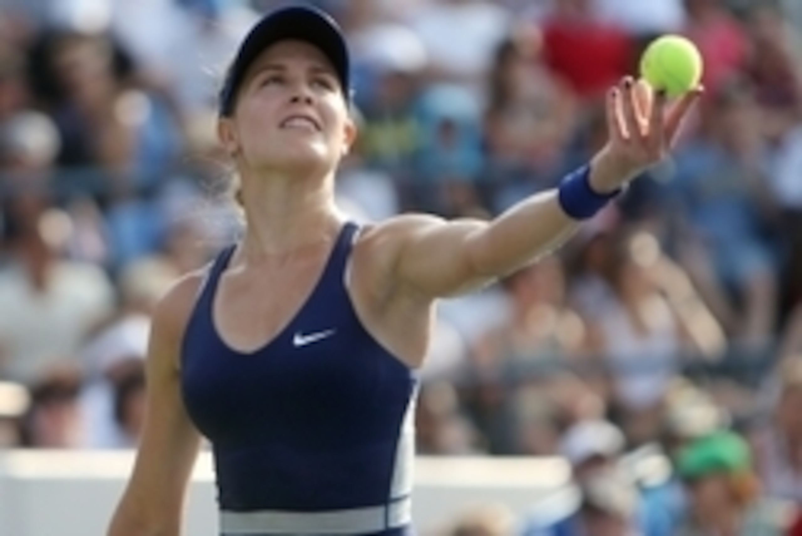 Sep 1, 2014; New York, NY, USA; Eugenie Bouchard (CAN) serves to Ekaterina Makarova (RUS) on day eight of the 2014 U.S. Open tennis tournament at USTA Billie Jean King National Tennis Center. Mandatory Credit: Jerry Lai-USA TODAY Sports