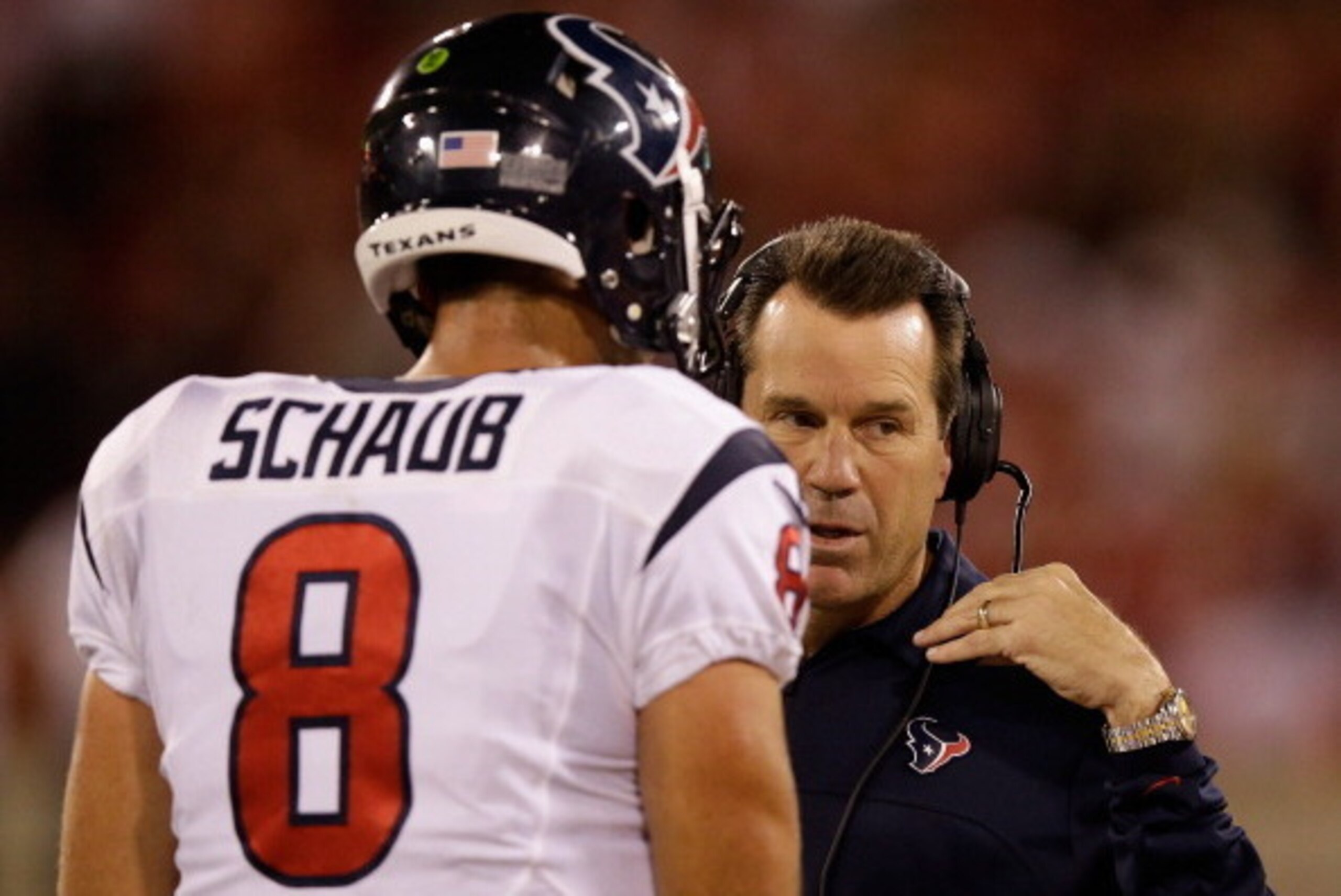 SAN FRANCISCO, CA - OCTOBER 06:  Head coach Gary Kubiak of the Houston Texans talks to Matt Schaub #8 on the sideline after Schaub threw his third interception during their game against the San Francisco 49ers at Candlestick Park on October 6, 2013 in San