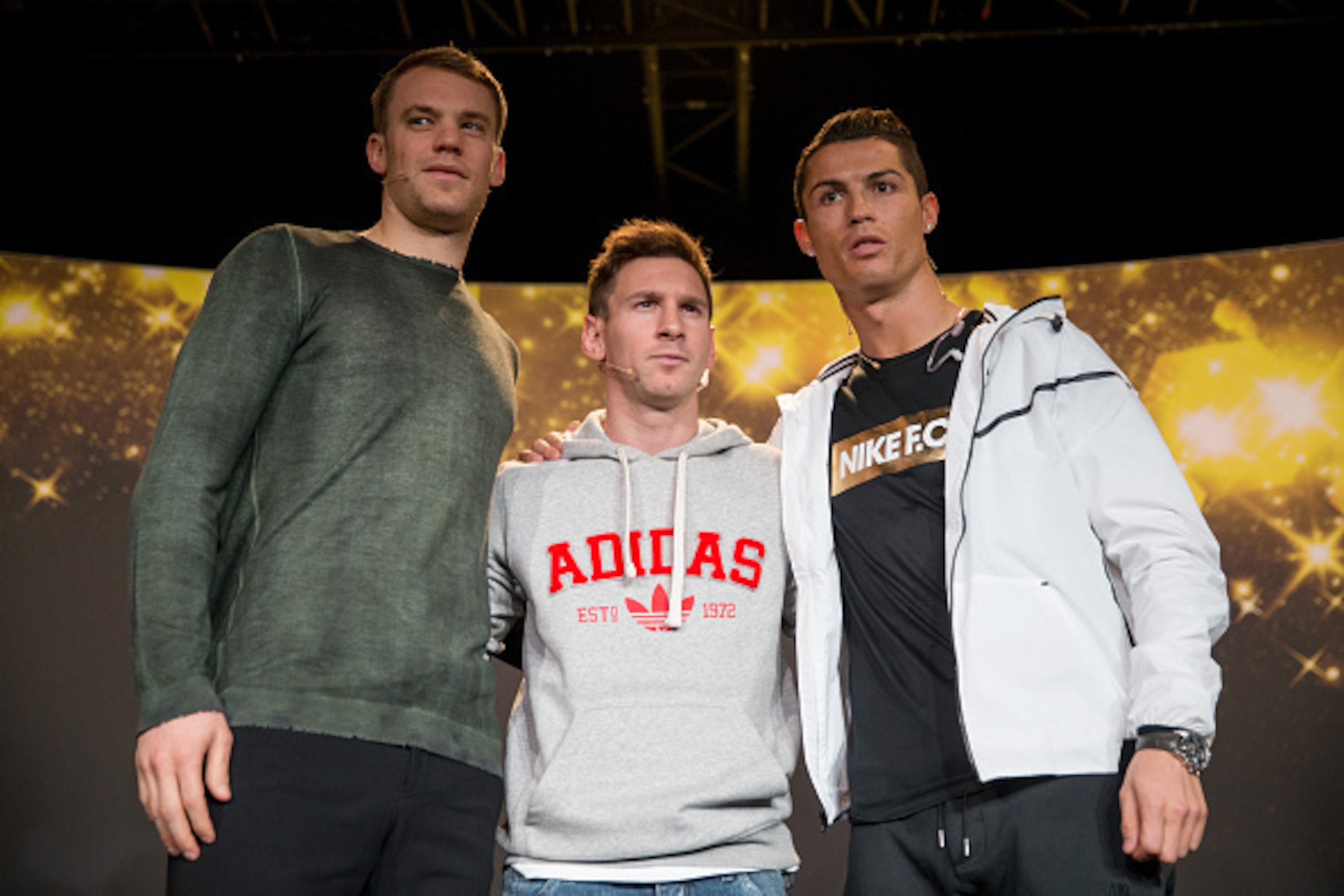 ZURICH, SWITZERLAND - JANUARY 12: FIFA Ballon d'Or nominees Manuel Neuer of Germany and FC Bayern Munich, Lionel Messi of Argentina and FC Barcelona and Cristiano Ronaldo of Portugal and Real Madrid (L-R) pose after a press conference prior to the FIFA Ba