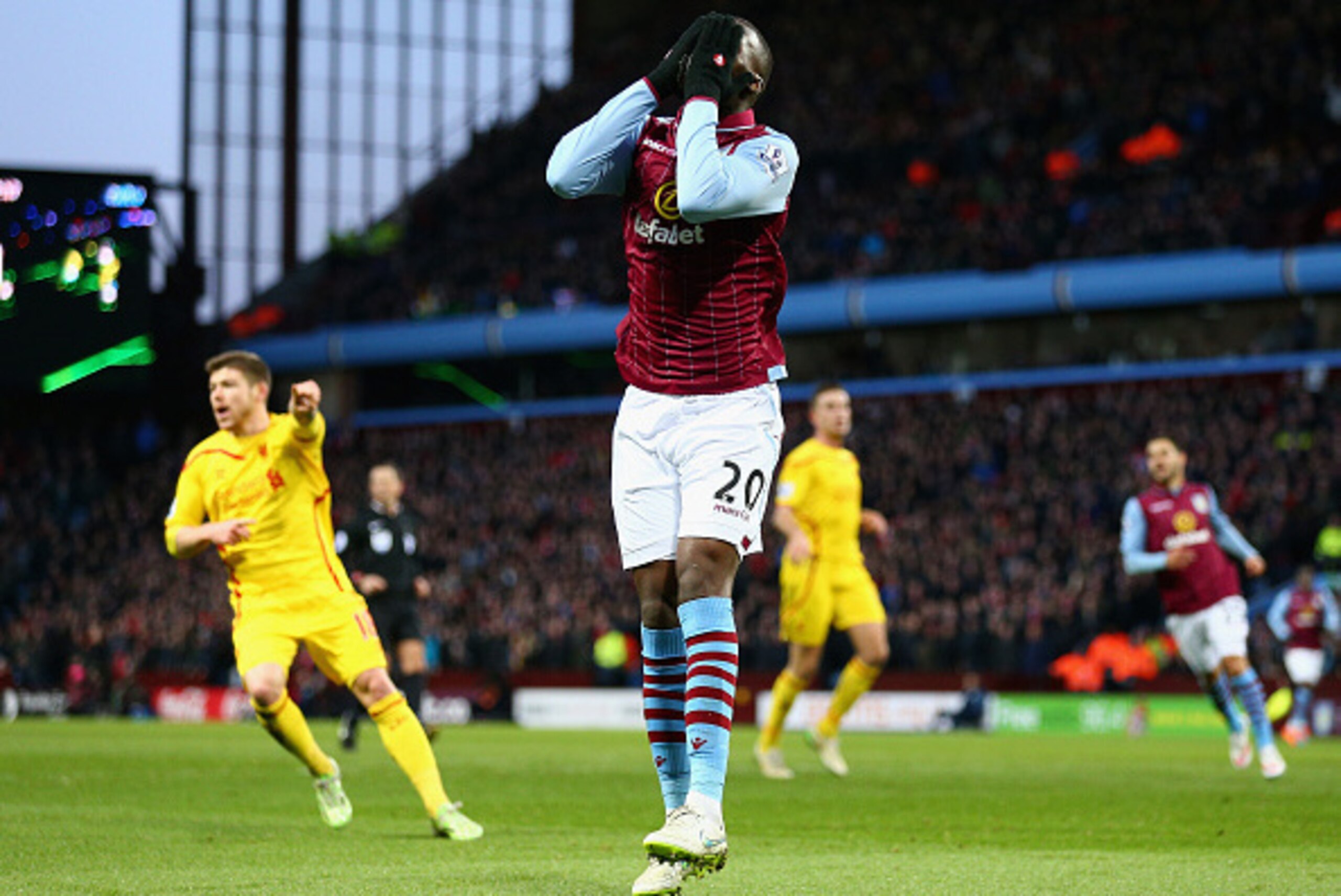 BIRMINGHAM, ENGLAND - JANUARY 17:  Christian Benteke of Aston Villa reacts to a missed chance during the Barclays Premier League match between Aston Villa and Liverpool at Villa Park on January 17, 2015 in Birmingham, England.  (Photo by Clive Mason/Getty