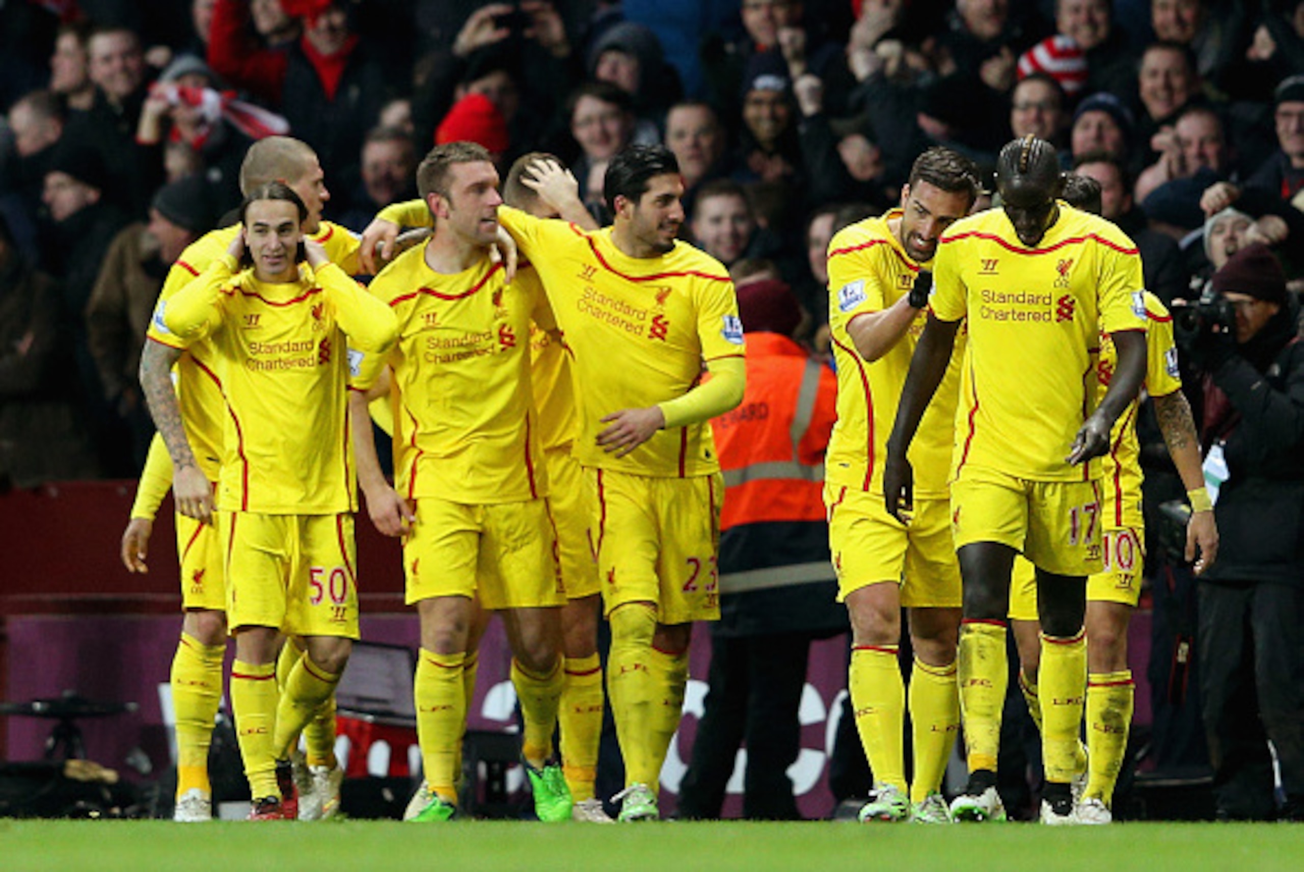 BIRMINGHAM, ENGLAND - JANUARY 17:  Rickie Lambert of Liverpool celebrates scoring their second goal with team mates during the Barclays Premier League match between Aston Villa and Liverpool at Villa Park on January 17, 2015 in Birmingham, England.  (Phot