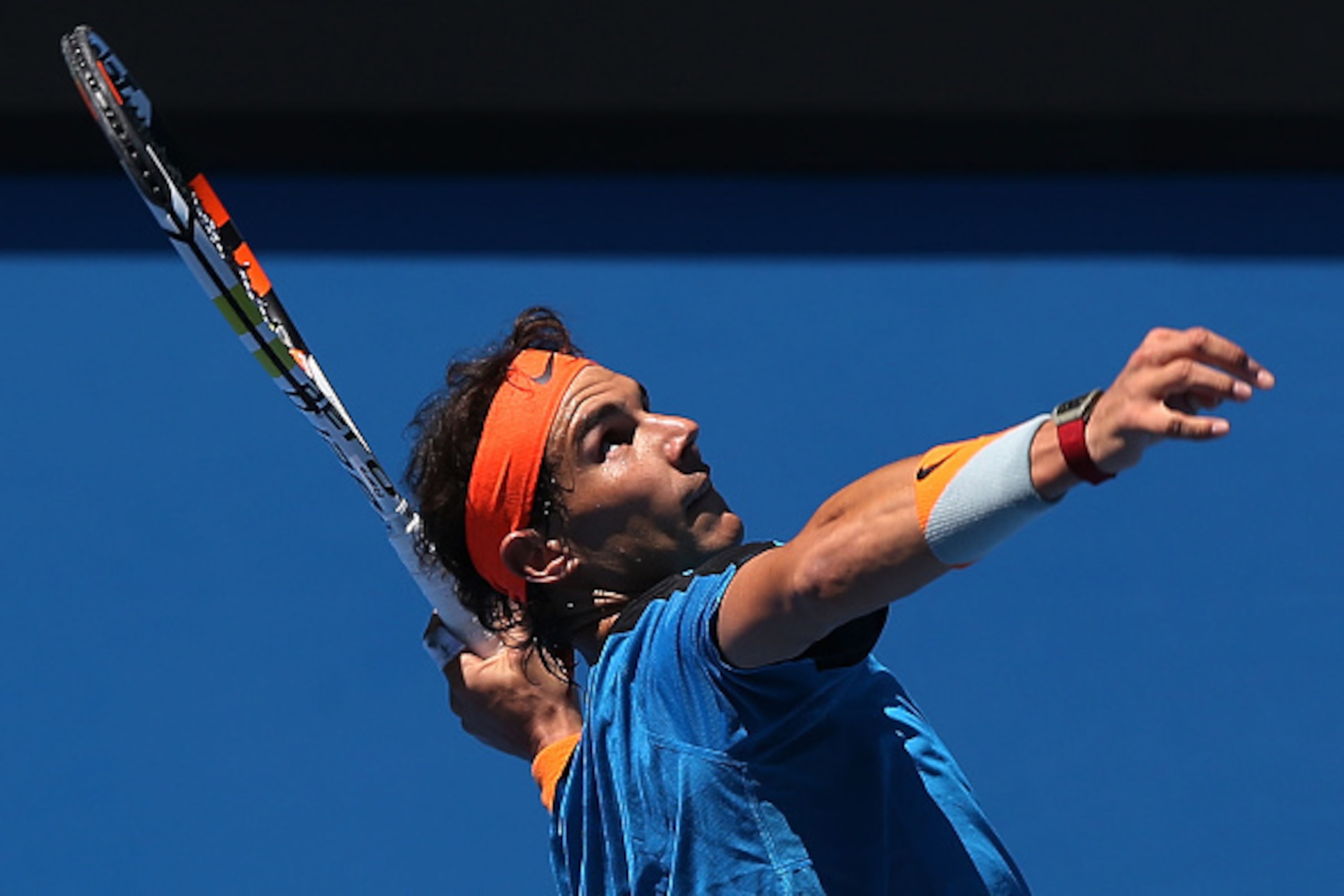 MELBOURNE, AUSTRALIA - JANUARY 16:  Rafael Nadal of Spain serves during a practice session ahead of the 2015 Australian Open at Melbourne Park on January 16, 2015 in Melbourne, Australia.  (Photo by Michael Dodge/Getty Images)