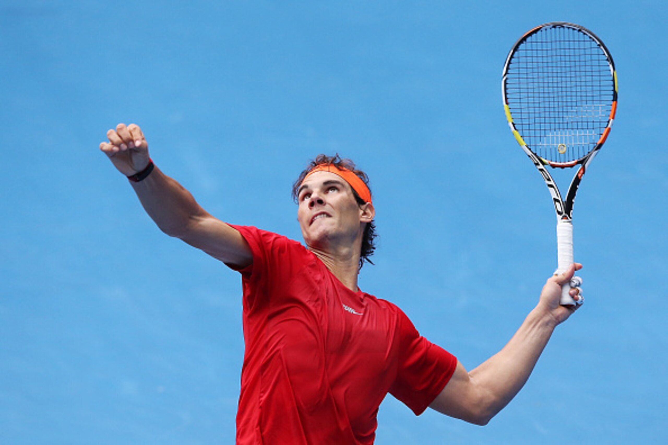 MELBOURNE, AUSTRALIA - JANUARY 15:  Rafael Nadal of Spain serves during a practice session ahead of the 2015 Australian Open at Melbourne Park on January 15, 2015 in Melbourne, Australia.  (Photo by Michael Dodge/Getty Images)
