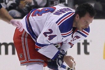 LOS ANGELES, CA - OCTOBER 07:  Ryan Callahan #24 of the New York Rangers skates off the ice after colliding with Anze Kopitar #11 of the Los Angeles Kings during play in the second period of their NHL game at Staples Center on October 7, 2013 in Los Angel