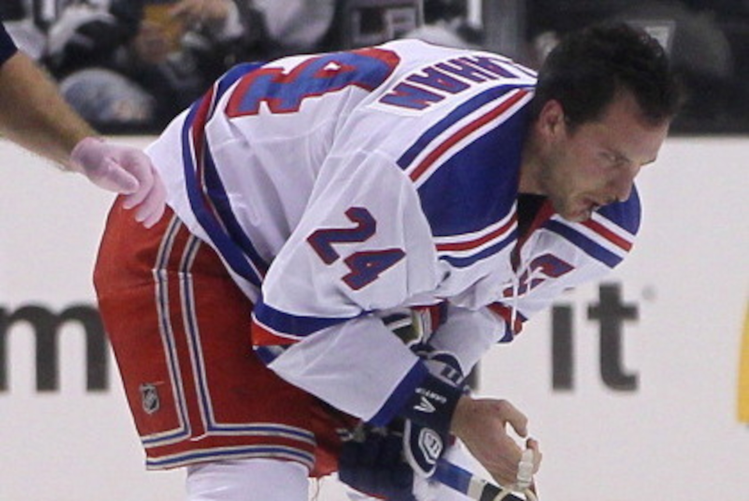 LOS ANGELES, CA - OCTOBER 07:  Ryan Callahan #24 of the New York Rangers skates off the ice after colliding with Anze Kopitar #11 of the Los Angeles Kings during play in the second period of their NHL game at Staples Center on October 7, 2013 in Los Angel
