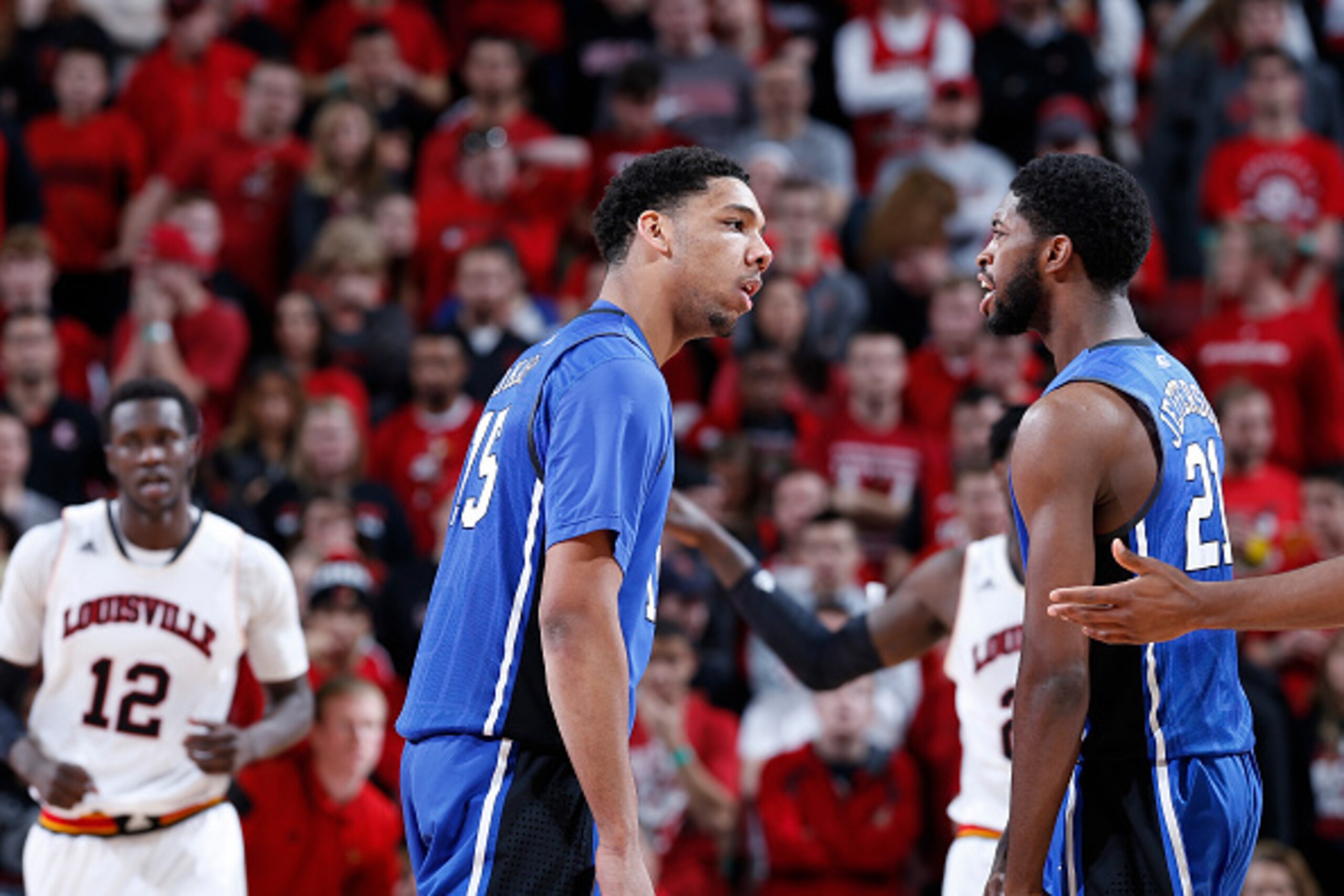 LOUISVILLE, KY - JANUARY 17: Jahlil Okafor #15 and Amile Jefferson #21 of the Duke Blue Devils celebrate during the game against the Louisville Cardinals at KFC Yum! Center on January 17, 2015 in Louisville, Kentucky. Duke defeated Louisville 63-52. (Phot
