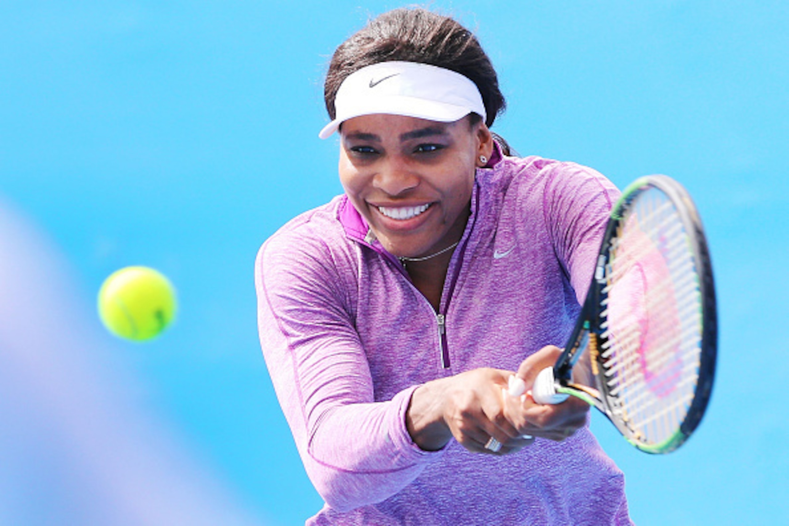 MELBOURNE, AUSTRALIA - JANUARY 17:  Serena Williams of the USA hits a backhand during a practice session ahead of the 2015 Australian Open at Melbourne Park on January 17, 2015 in Melbourne, Australia.  (Photo by Michael Dodge/Getty Images)