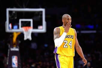 LOS ANGELES, CA - JANUARY 15:  Kobe Bryant #24 of the Los Angeles Lakers reacts as the Lakers trail late in the fourth quarter to the Cleveland Cavaliers at Staples Center on January 15, 2015 in Los Angeles, California.  The Cavaliers won 109-102.   NOTE 