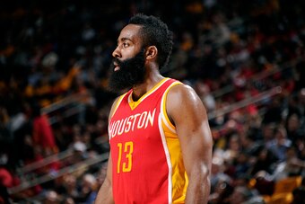 HOUSTON, TX - JANUARY 15: James Harden #13 of the Houston Rockets stands on the court during a game against the Oklahoma City Thunder on January 15, 2015 at the Toyota Center in Houston, Texas. NOTE TO USER: User expressly acknowledges and agrees that, by