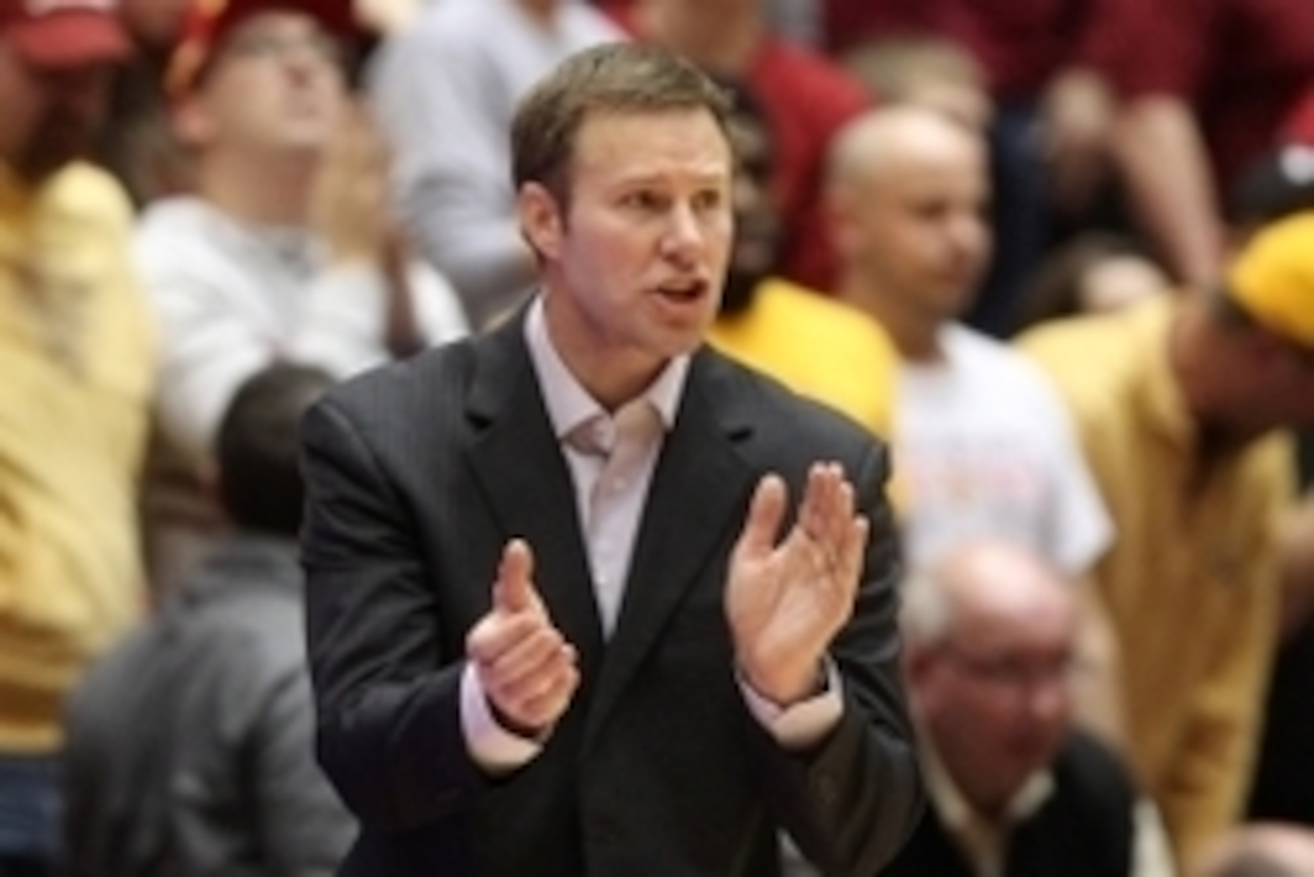 Jan 17, 2015; Ames, IA, USA; Iowa State Cyclones head coach Fred Hoiberg applauds his teams effort against the Kansas Jayhawks at James H. Hilton Coliseum. Iowa State beat Kansas 86-81.  Mandatory Credit: Reese Strickland-USA TODAY Sports
