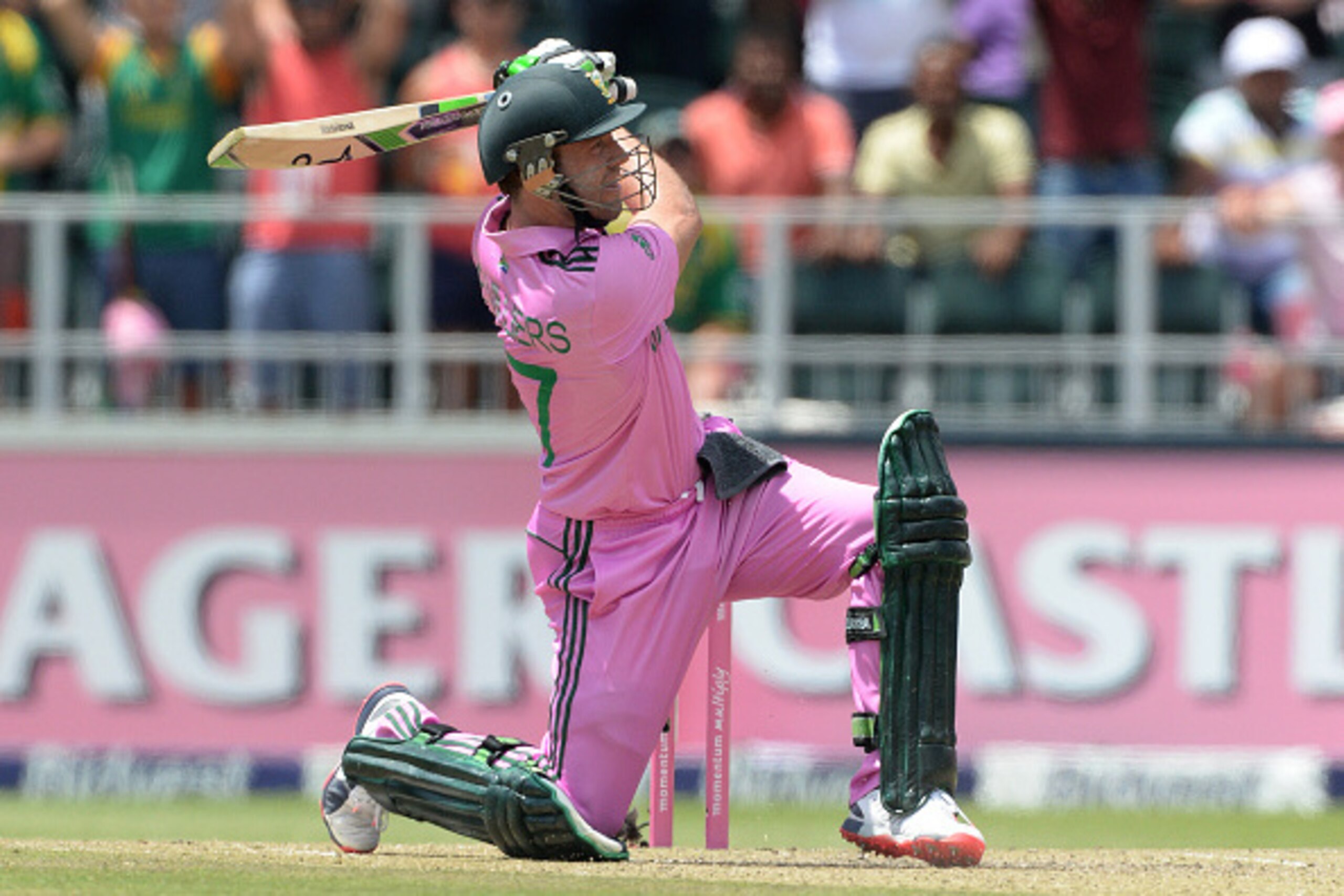 JOHANNESBURG, SOUTH AFRICA - JANUARY 18: AB de Villiers of South Africa hits another six during the 2nd Momentum ODI between South Africa and West Indies at Bidvest Wanderers Stadium on January 18, 2015 in Johannesburg, South Africa. (Photo by Duif du Toi