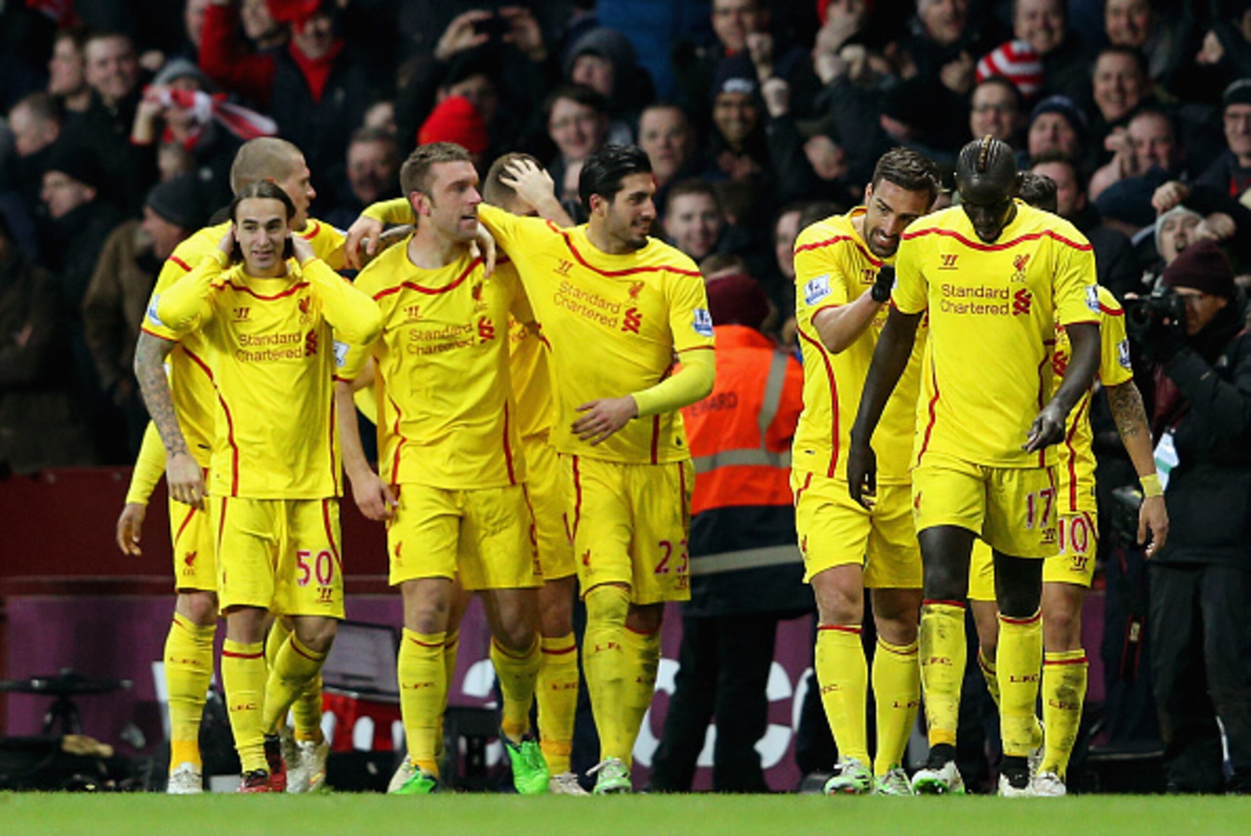 BIRMINGHAM, ENGLAND - JANUARY 17:  Rickie Lambert of Liverpool celebrates scoring their second goal with team mates during the Barclays Premier League match between Aston Villa and Liverpool at Villa Park on January 17, 2015 in Birmingham, England.  (Phot