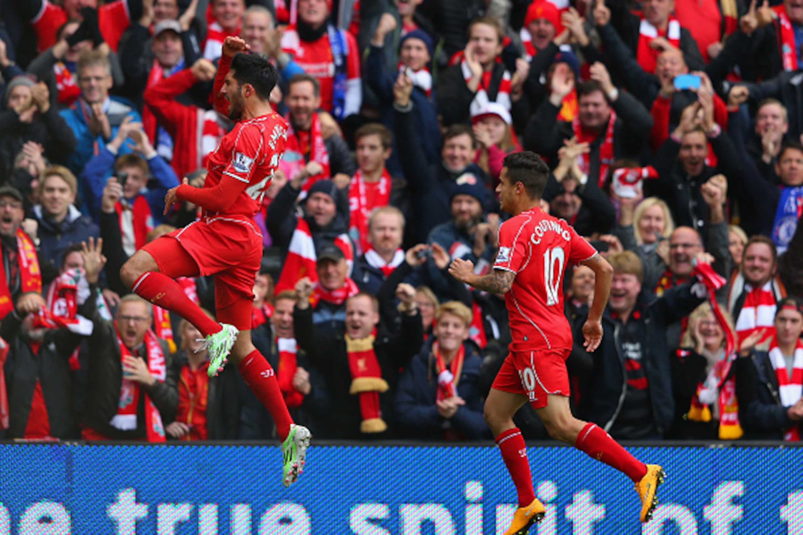 LIVERPOOL, ENGLAND - NOVEMBER 08:  Emre Can of Liverpool celebrates scoring the opening goal during the Barclays Premier League match between Liverpool and Chelsea at Anfield on November 8, 2014 in Liverpool, England.  (Photo by Alex Livesey/Getty Images)