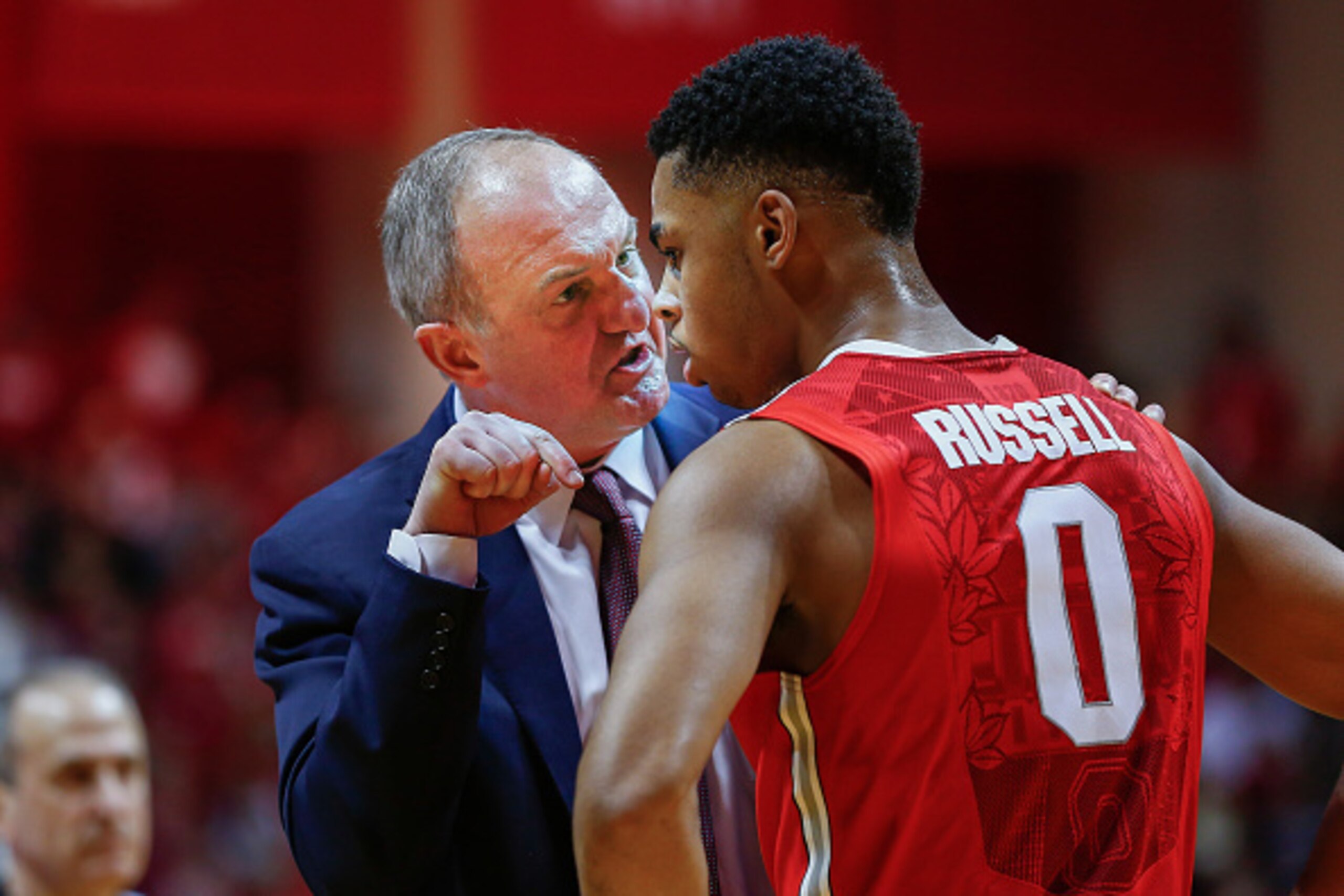 BLOOMINGTON, IN - JANUARY 10: Head coach Thad Matta of the Ohio State Buckeyes talks to D'Angelo Russell #0 of the Ohio State Buckeyes during the game against the Indiana Hoosiers at Assembly Hall on January 10, 2015 in Bloomington, Indiana. Indiana defea