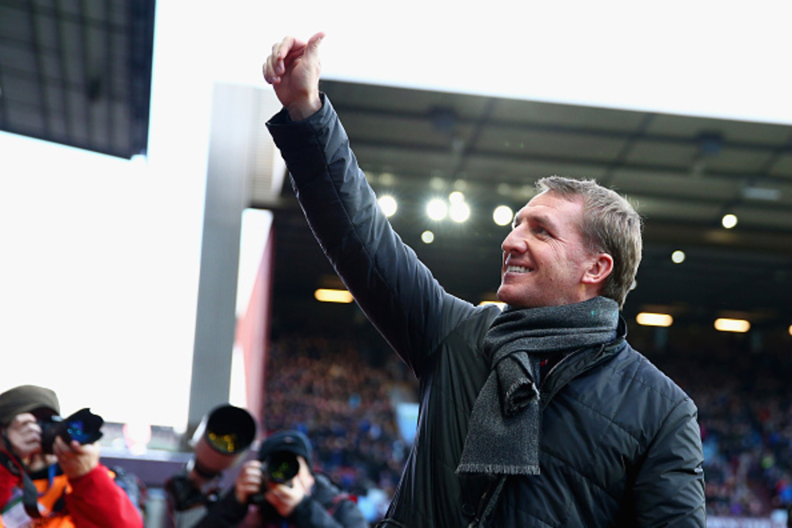 BIRMINGHAM, ENGLAND - JANUARY 17:  Brendan Rodgers, Manager of Liverpool gives a thumbs up during the Barclays Premier League match between Aston Villa and Liverpool at Villa Park on January 17, 2015 in Birmingham, England.  (Photo by Clive Mason/Getty Im