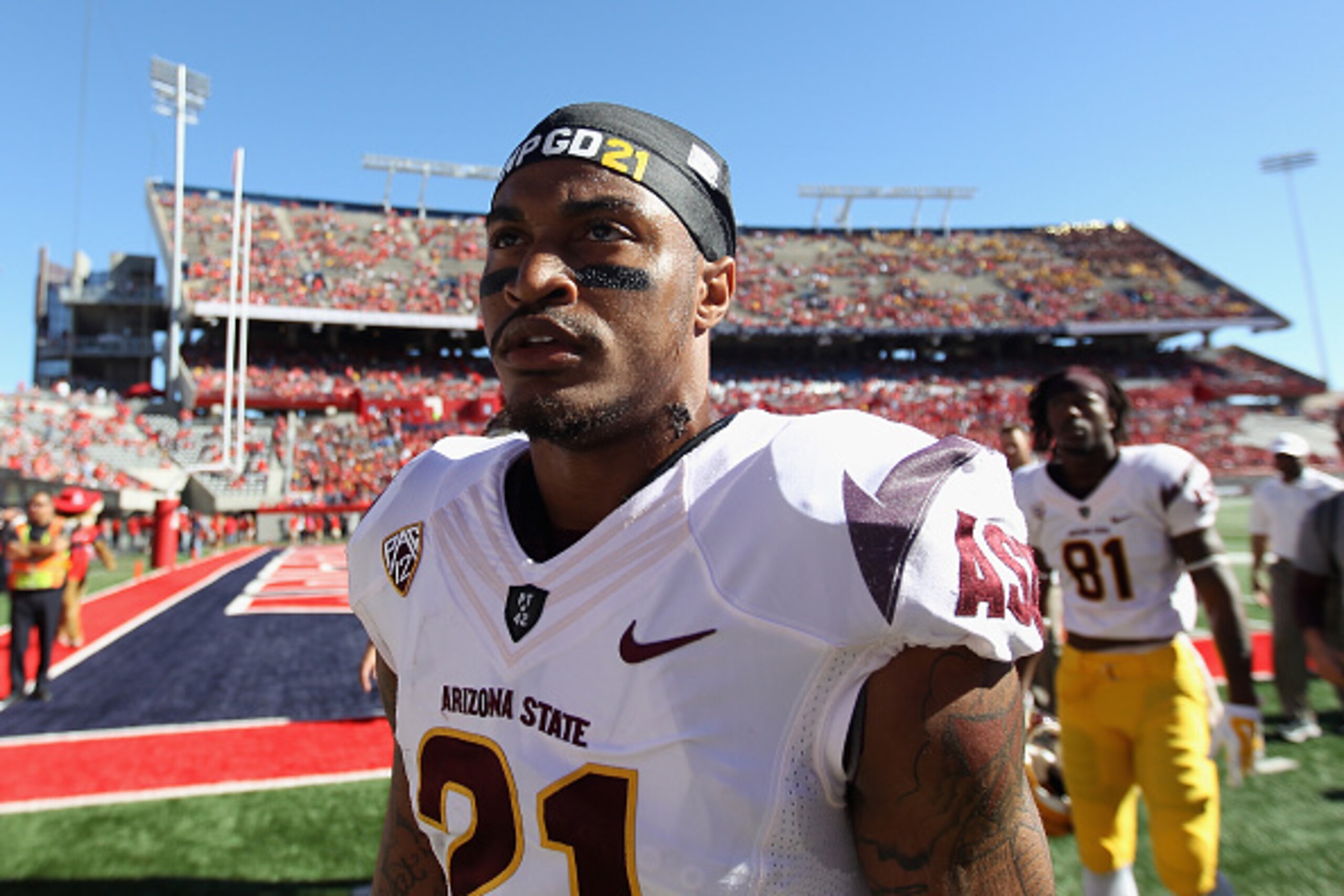 TUCSON, AZ - NOVEMBER 28:  Wide receiver Jaelen Strong #21 of the Arizona State Sun Devils during warmups prior to the Territorial Cup college football game against the Arizona Wildcats at Arizona Stadium on November 28, 2014 in Tucson, Arizona.  (Photo b