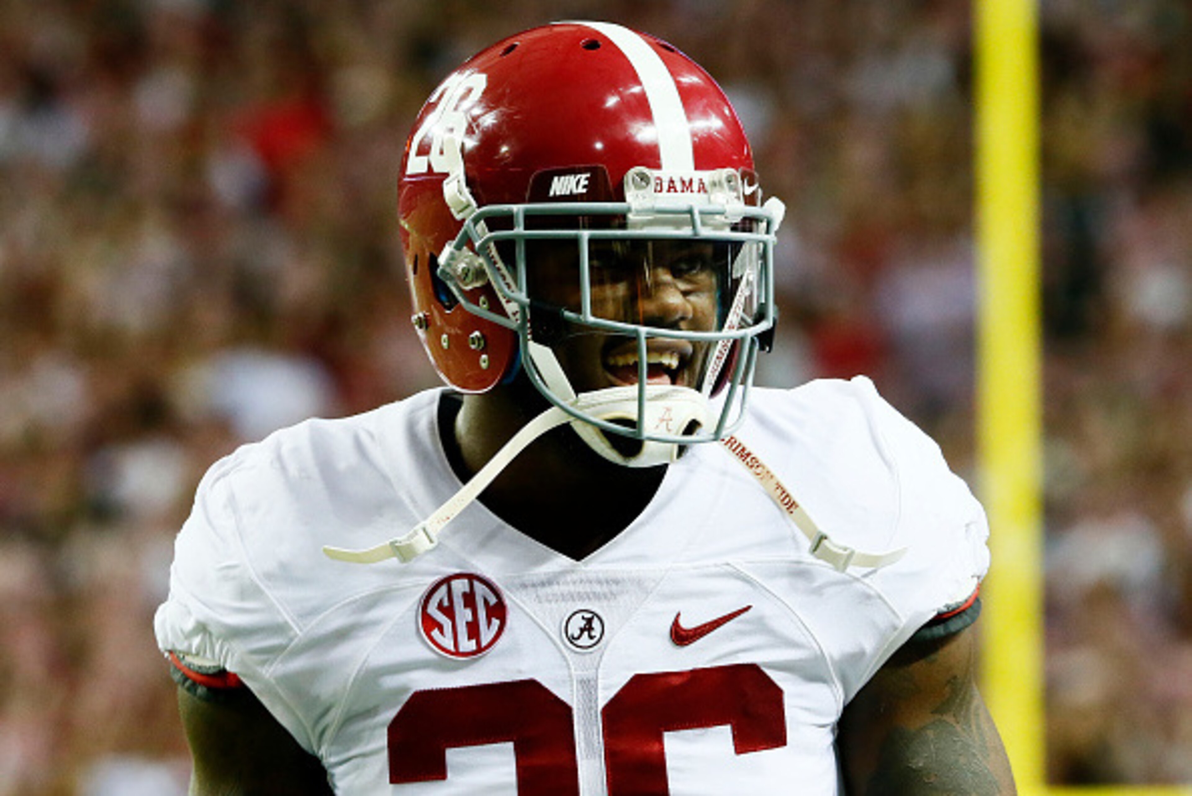 ATLANTA, GA - DECEMBER 06:  Landon Collins #26 of the Alabama Crimson Tide reacts against the Missouri Tigers in the first quarter of the SEC Championship game at the Georgia Dome on December 6, 2014 in Atlanta, Georgia.  (Photo by Kevin C. Cox/Getty Imag