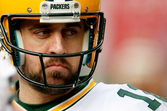 SEATTLE, WA - JANUARY 18:  Aaron Rodgers #12 of the Green Bay Packers looks on from the sideline in the fourth quarter against the Seattle Seahawks during the 2015 NFC Championship game at CenturyLink Field on January 18, 2015 in Seattle, Washington.  (Ph