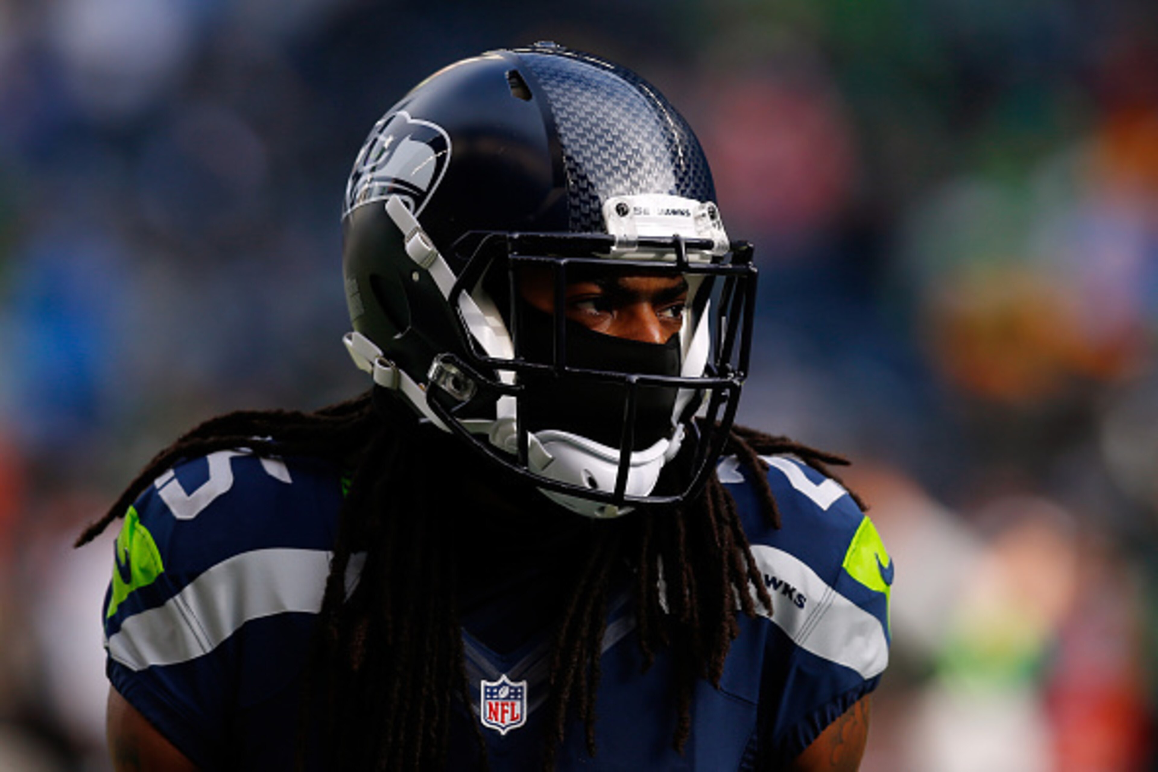 SEATTLE, WA - JANUARY 18:  Richard Sherman #25 of the Seattle Seahawks looks on before the 2015 NFC Championship game at CenturyLink Field on January 18, 2015 in Seattle, Washington.  (Photo by Tom Pennington/Getty Images)
