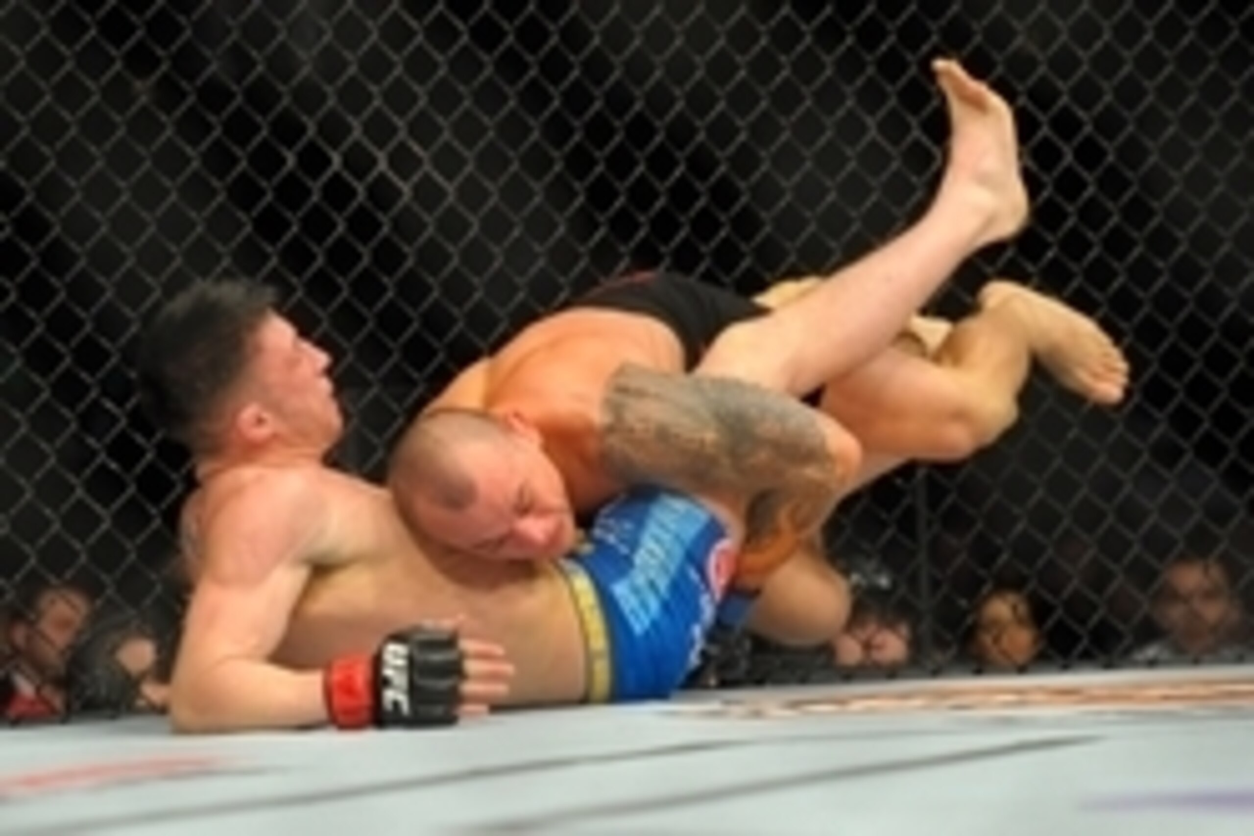 Jan 18, 2015; Boston, MA, USA; Norman Parke (red) and Gleison Tibau (blue) compete during a lightweight bout at UFC Fight Night at TD Garden. Mandatory Credit: Bob DeChiara-USA TODAY Sports
