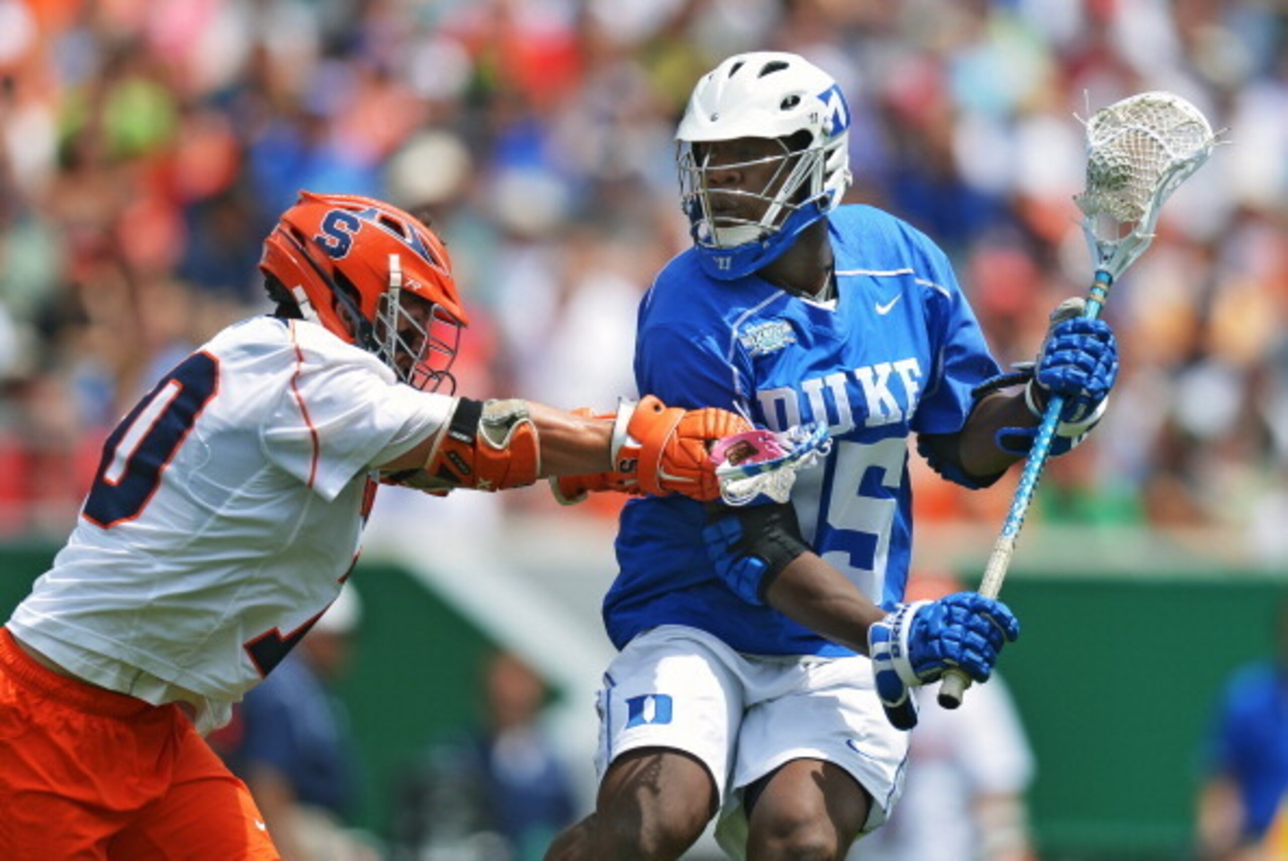 PHILADELPHIA, PA - MAY 27: Myles Jones #15 of the Duke University Blue Devils drives on Syracuse University Orange the 2013 NCAA Division I Men's Lacrosse Championship at Lincoln Financial Field on May 27, 2013 in Philadelphia, Pennsylvania. (Photo by Dre