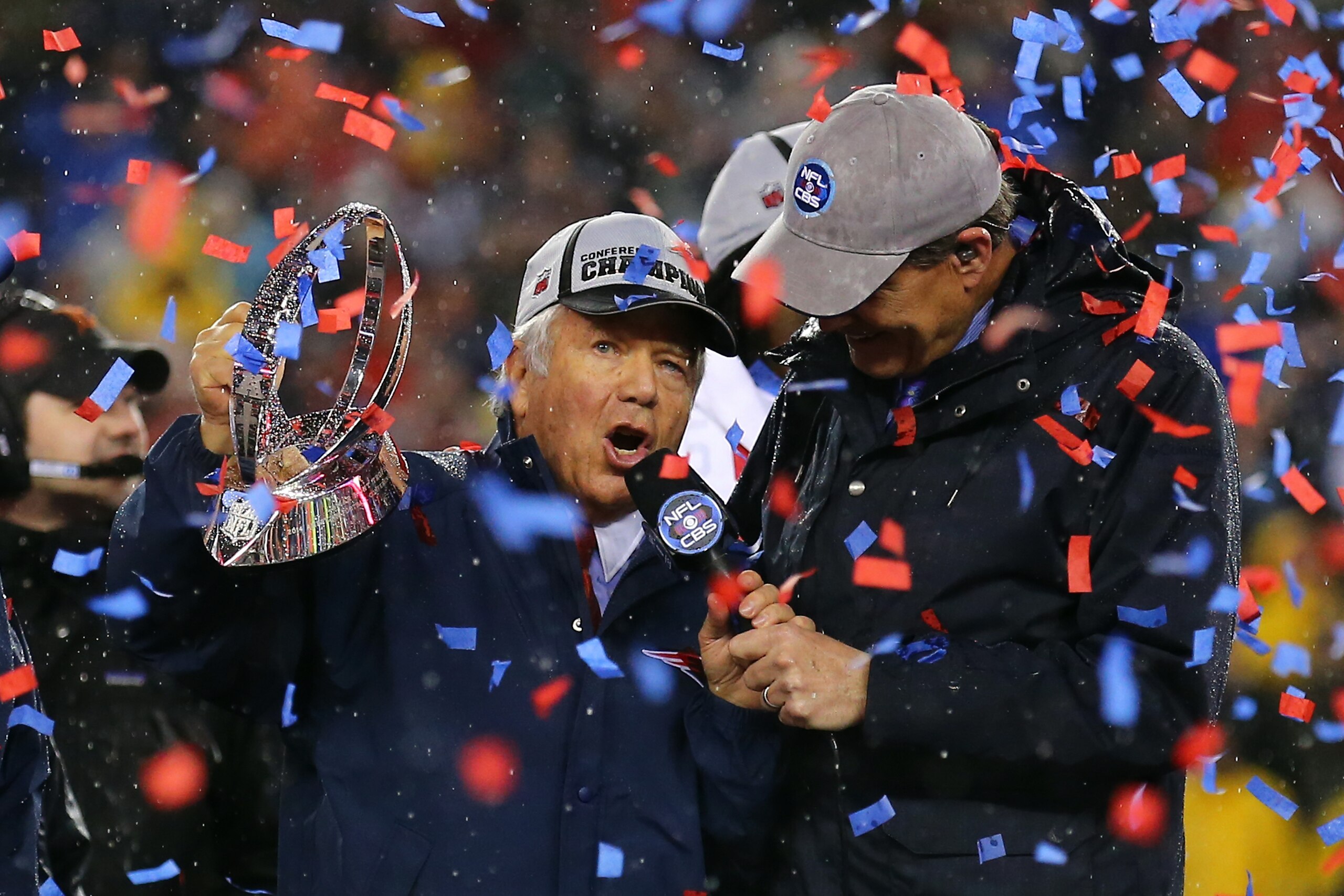 FOXBORO, MA - JANUARY 18: New England Patriots owner Robert Kraft holds up the Lamar Hunt Trophy after defeating the Indianapolis Colts in the 2015 AFC Championship Game at Gillette Stadium on January 18, 2015 in Foxboro, Massachusetts. The Patriots defe FOXBORO, MA - JANUARY 18: New England Patriots owner Robert Kraft holds up the Lamar Hunt Trophy after defeating the Indianapolis Colts in the 2015 AFC Championship Game at Gillette Stadium on January 18, 2015 in Foxboro, Massachusetts. The Patriots defe
