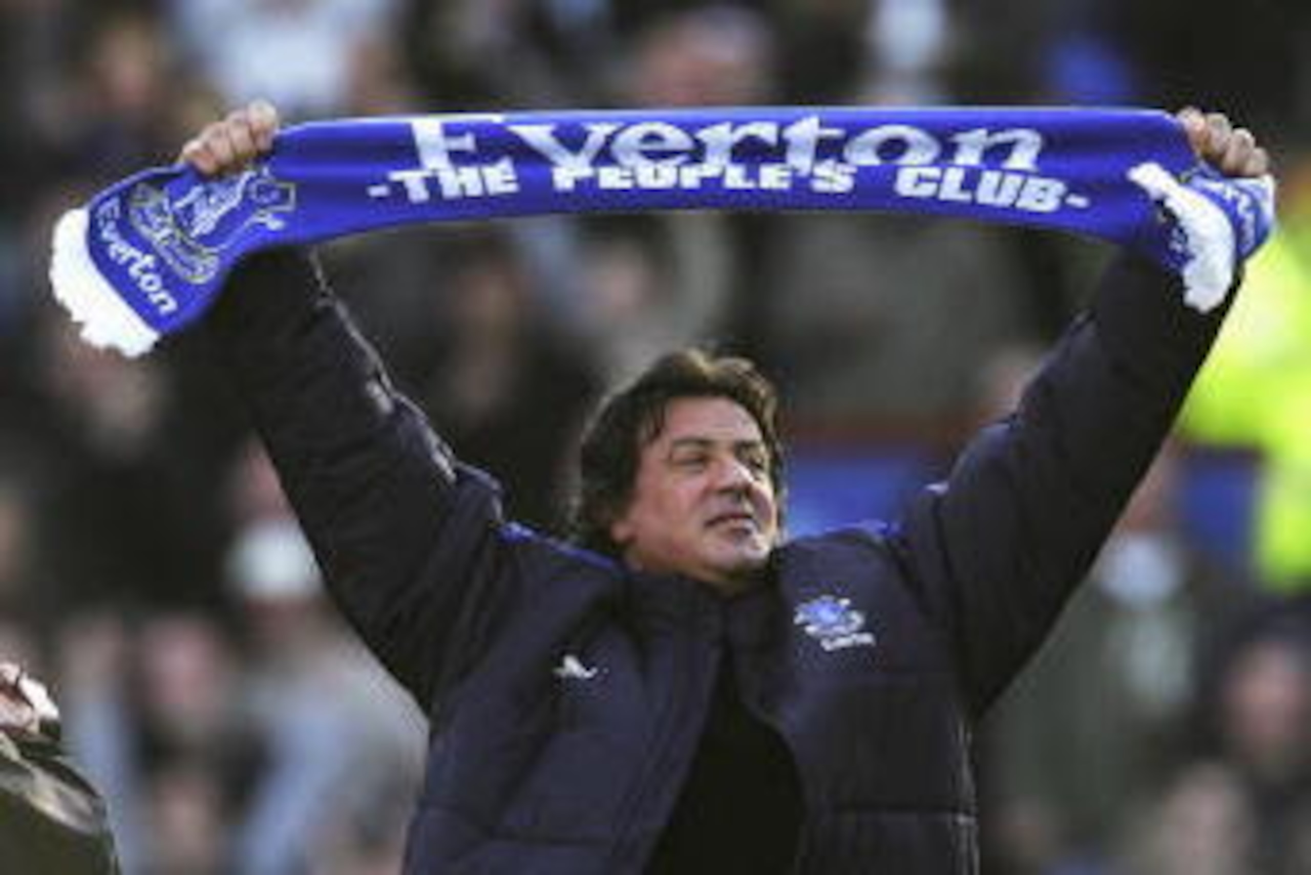 LIVERPOOL, UNITED KINGDOM - JANUARY 14:  Hollywood Actor Sylvester Stallone salutes the fans with an Everton scarf prior to the start of the Barclays Premiership match between Everton and Reading at Goodison Park on January 14, 2007 in Liverpool, England.
