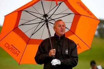 KINGSBARNS, SCOTLAND - OCTOBER 04:  Johan Cruyff during the third round of the 2014 Alfred Dunhill Links Championship at Kingsbarns Golf Links on October 4, 2014 in Kingsbarns, Scotland. (Photo by Matthew Lewis/Getty Images)