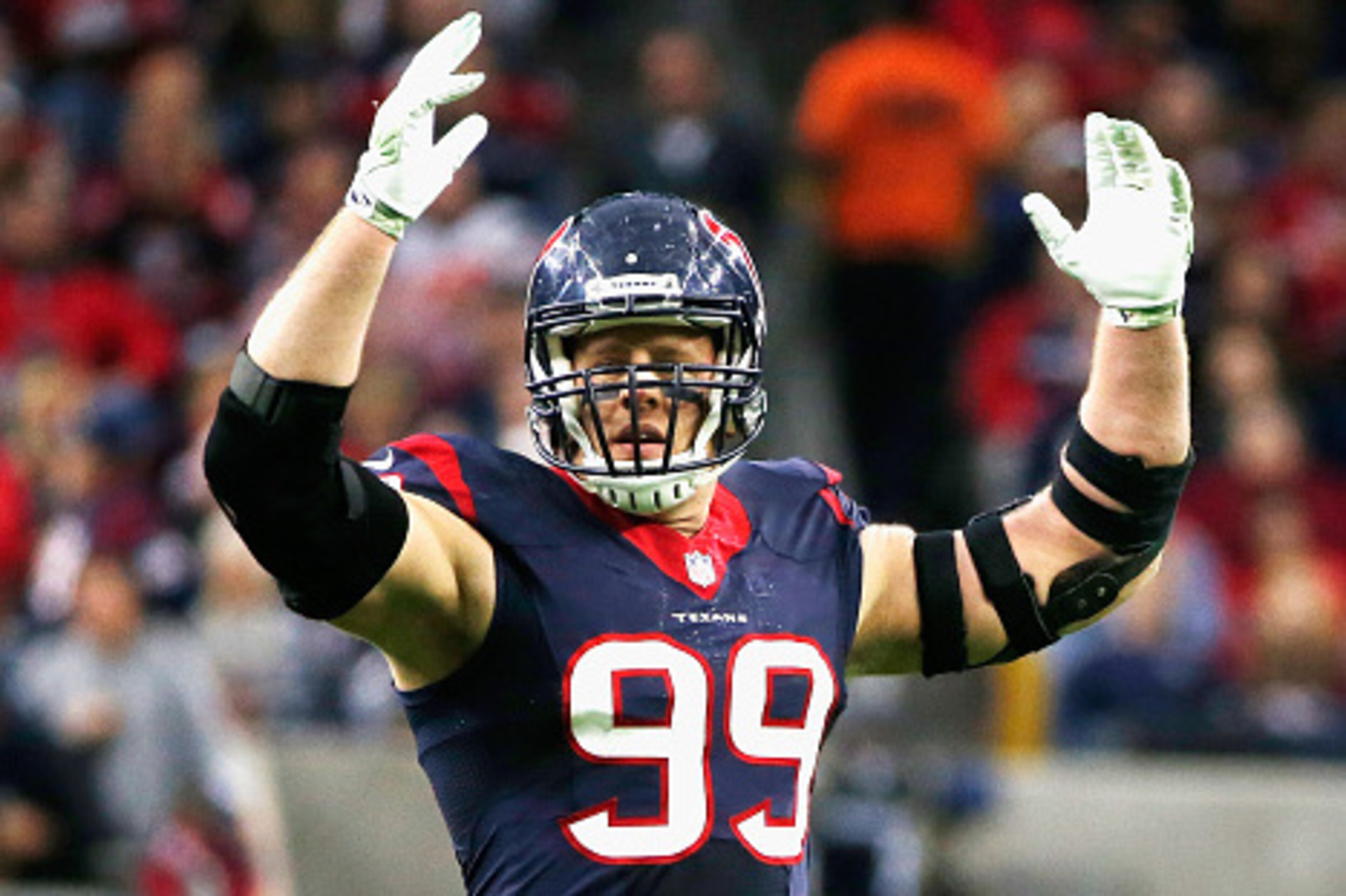 HOUSTON, TX - DECEMBER 28:  J.J. Watt #99 of the Houston Texans in action on the field during their game against the Jacksonville Jaguars at NRG Stadium on December 28, 2014 in Houston, Texas.  (Photo by Scott Halleran/Getty Images)