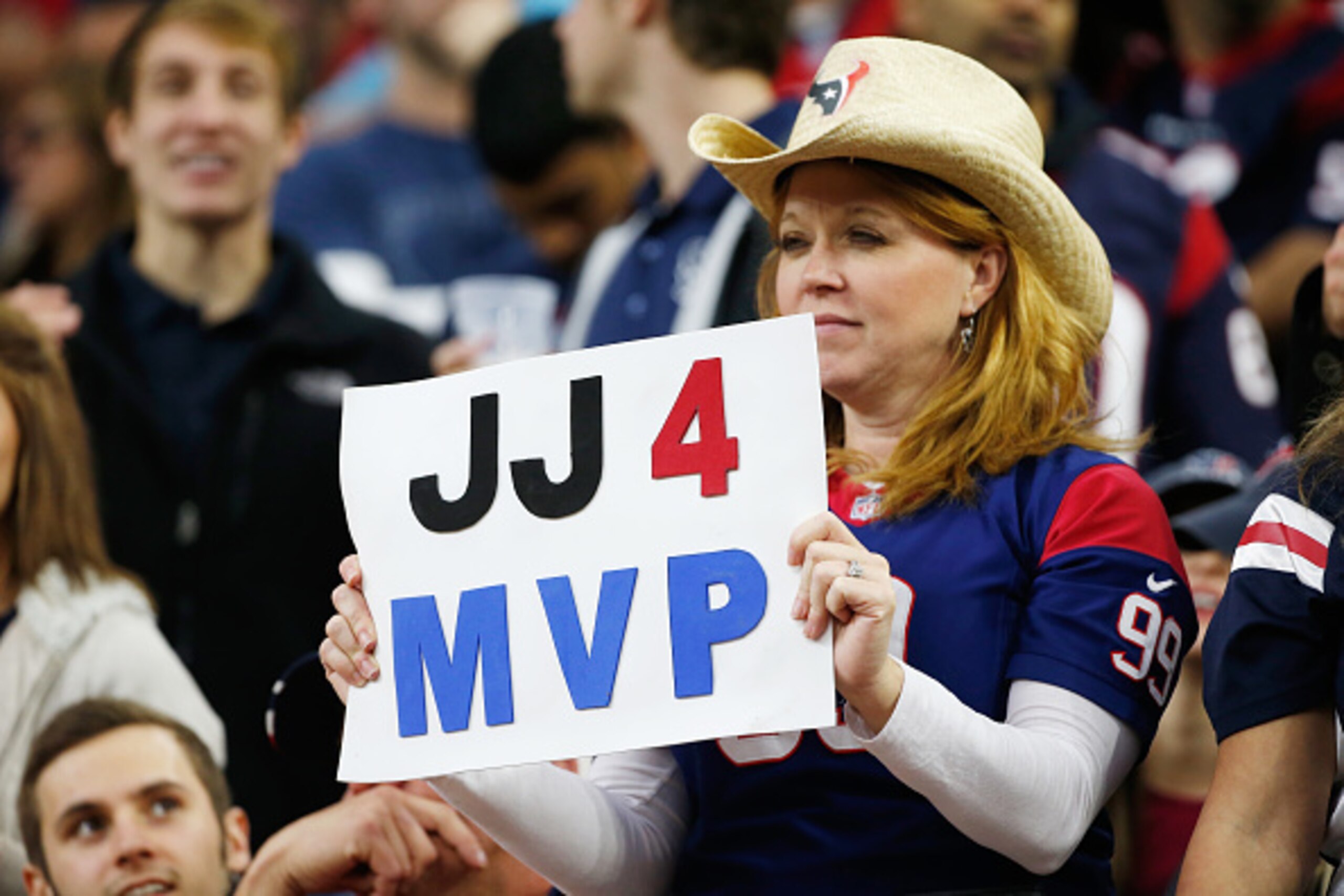 HOUSTON, TX - DECEMBER 28:  A Houston Texans fan holds a  J.J. Watt sign in the stands during the game against the Jacksonville Jaguars at NRG Stadium on December 28, 2014 in Houston, Texas.  (Photo by Scott Halleran/Getty Images)