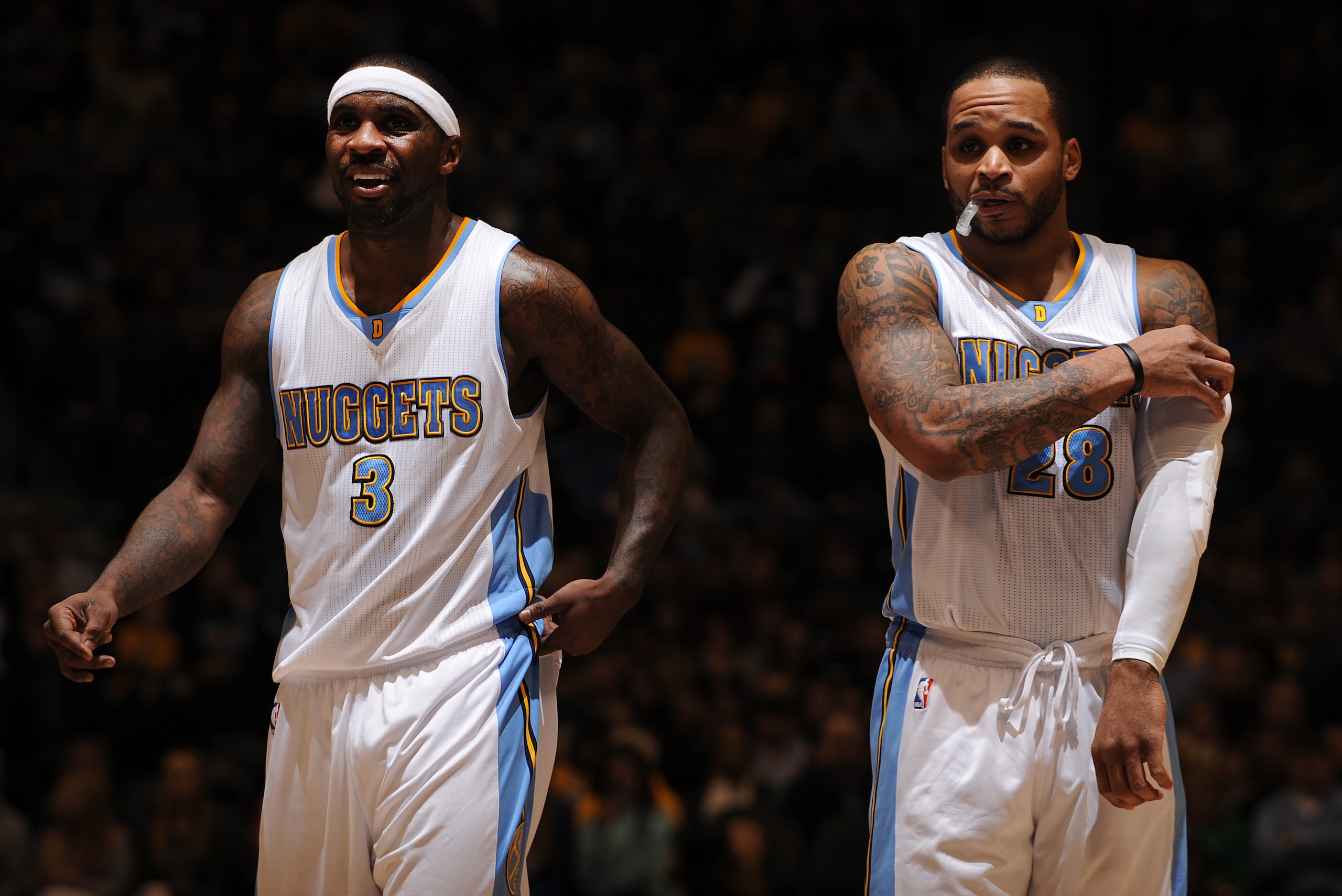 DENVER, CO-  JANUARY 17: Ty Lawson #3 and Jameer Nelson #28 of the Denver Nuggets during the game against the Minnesota Timberwolves on January 17, 2015 at Pepsi Center in Denver, Colorado. NOTE TO USER: User expressly acknowledges and agrees that, by dow