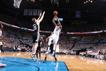 OKLAHOMA CITY, OK - May 31: Kevin Durant #35 of the Oklahoma City Thunder shoots the ball against the San Antonio Spurs in Game 6 of the Western Conference Finals during the 2014 NBA Playoffs at the Chesapeake Arena on May 31, 2014 in Oklahoma City, Oklah