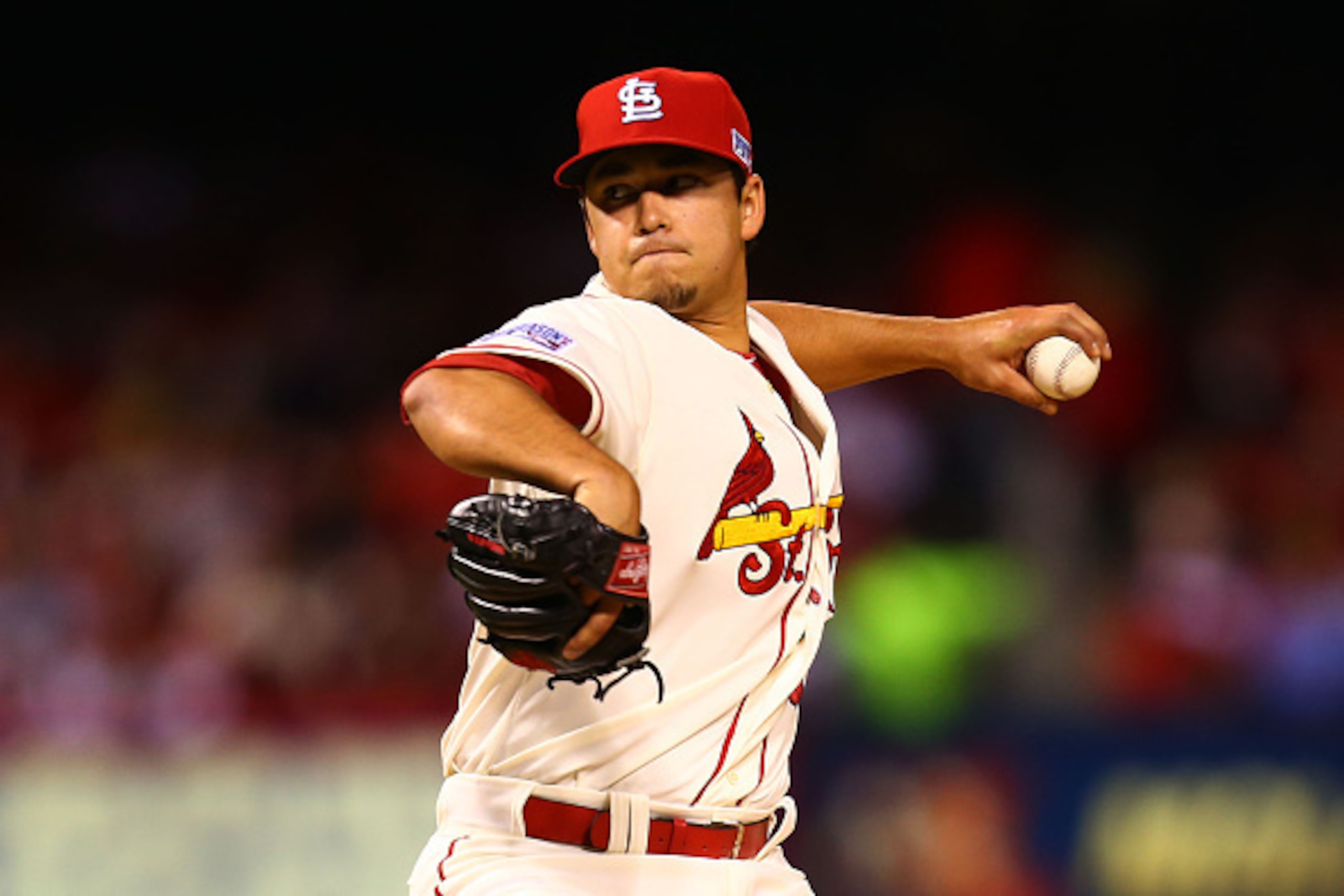 ST LOUIS, MO - OCTOBER 11:  Marco Gonzales #56 of the St. Louis Cardinals pitches in the fifth inning against the San Francisco Giants during Game One of the National League Championship Series at Busch Stadium on October 11, 2014 in St Louis, Missouri.  