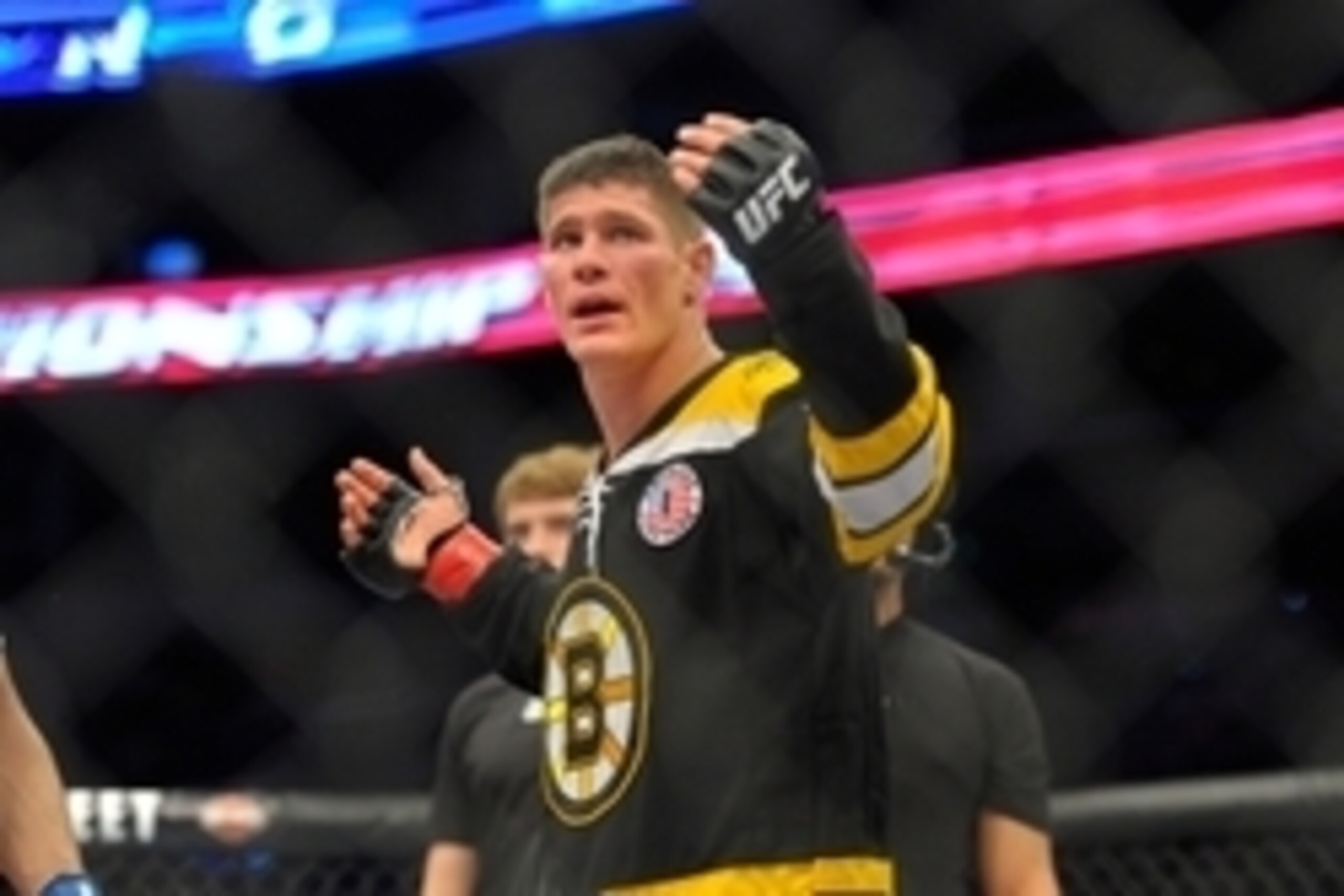 Jan 18, 2015; Boston, MA, USA; Charles Rosa celebrates his win over Sean Soriano (not pictured) during a featherweight bout at UFC Fight Night at TD Garden. Mandatory Credit: Bob DeChiara-USA TODAY Sports