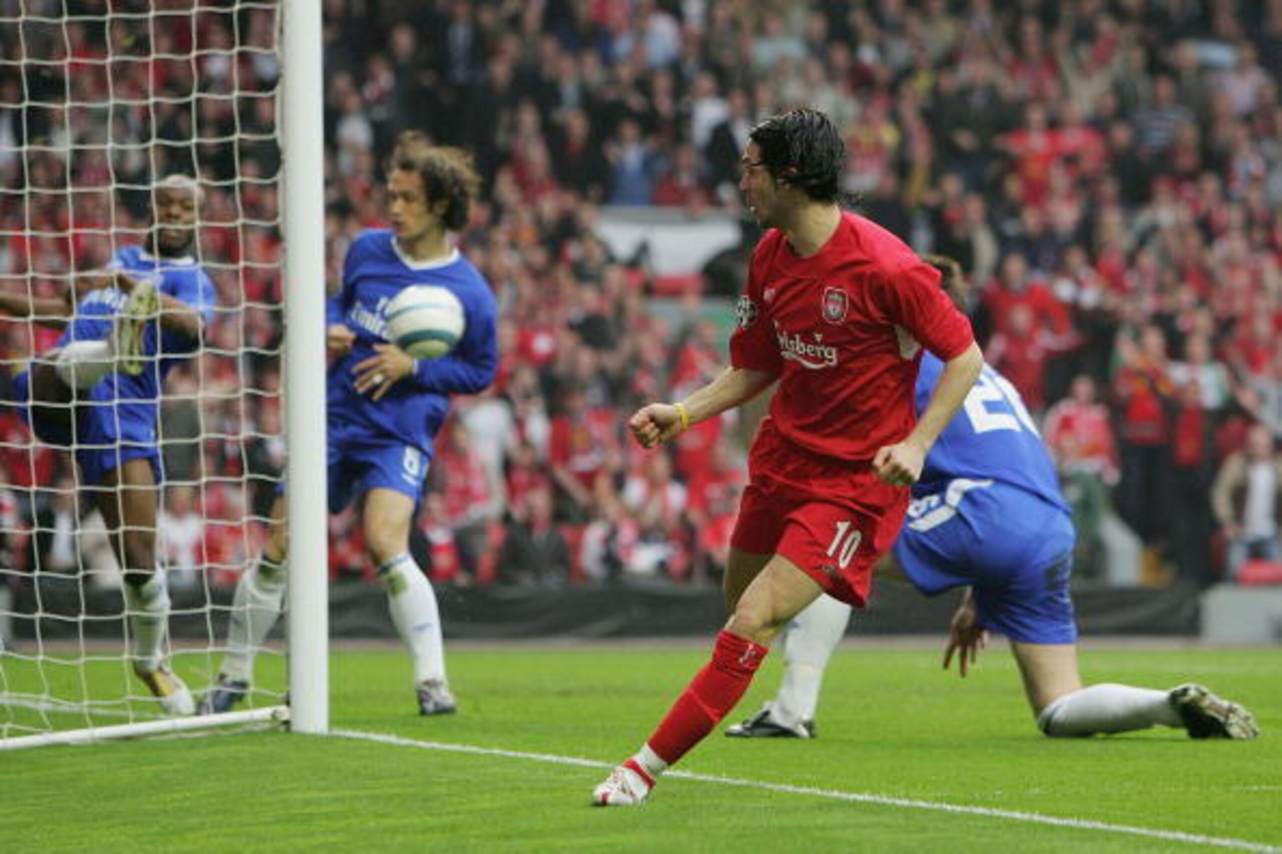 LIVERPOOL, ENGLAND - MAY 03: Luis Garcia of Liverpool scores the opening goal during the UEFA Champions League semi-final second leg match between Liverpool and Chelsea at Anfield on May 3, 2005 in Liverpool, England.  (Photo by Laurence Griffiths/Getty I