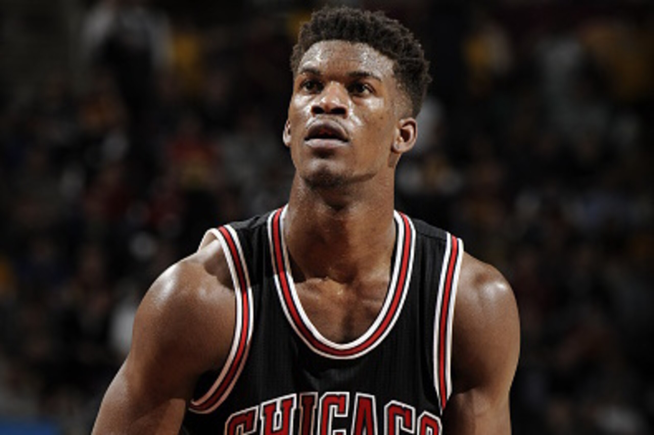 CLEVELAND, OH - JANUARY 19:  Jimmy Butler #21 of the Chicago Bulls prepares to shoot a free throw against the Cleveland Cavaliers on January 19, 2015 at The Quicken Loans Arena in Cleveland, Ohio. NOTE TO USER: User expressly acknowledges and agrees that,