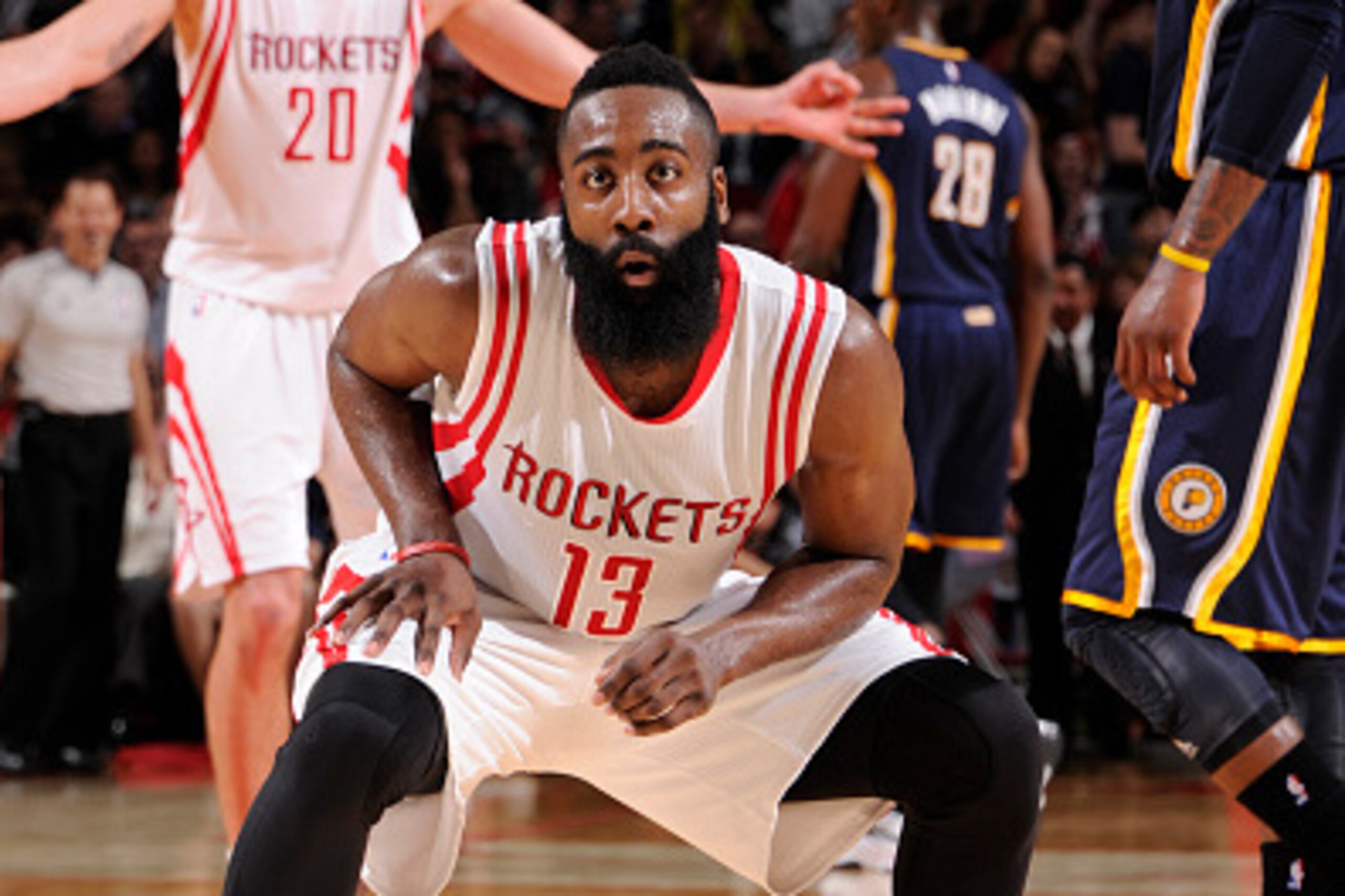 HOUSTON, TX - JANUARY 19:  James Harden #13 of the Houston Rockets celebrates during the game against the Indiana Pacers on January 19, 2015 at the Toyota Center in Houston, Texas. NOTE TO USER: User expressly acknowledges and agrees that, by downloading 