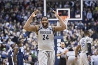 Jan 19, 2015; Washington, DC, USA; Georgetown Hoyas center Joshua Smith (24) celebrates during the second half against the Villanova Wildcats at Verizon Center. Georgetown Hoyas defeated Villanova Wildcats 78-58. Mandatory Credit: Tommy Gilligan-USA TODAY