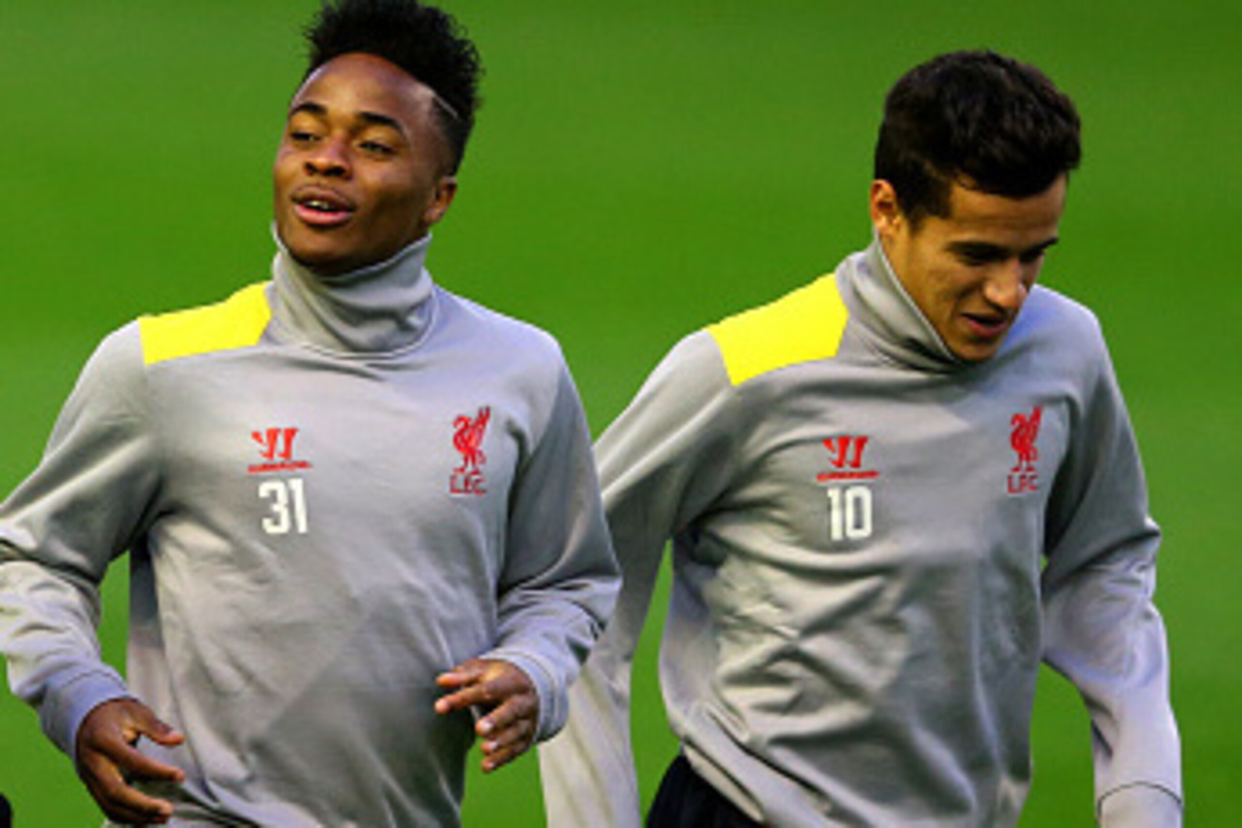 LIVERPOOL, ENGLAND - OCTOBER 21: (L-R) Emre Can, Mario Balotelli, Raheem Sterling and Philippe Coutinho of Liverpool warm up with their team-mates during a training session ahead of the UEFA Champions League group B match between Liverpool FC and Real Ma LIVERPOOL, ENGLAND - OCTOBER 21: (L-R) Emre Can, Mario Balotelli, Raheem Sterling and Philippe Coutinho of Liverpool warm up with their team-mates during a training session ahead of the UEFA Champions League group B match between Liverpool FC and Real Ma