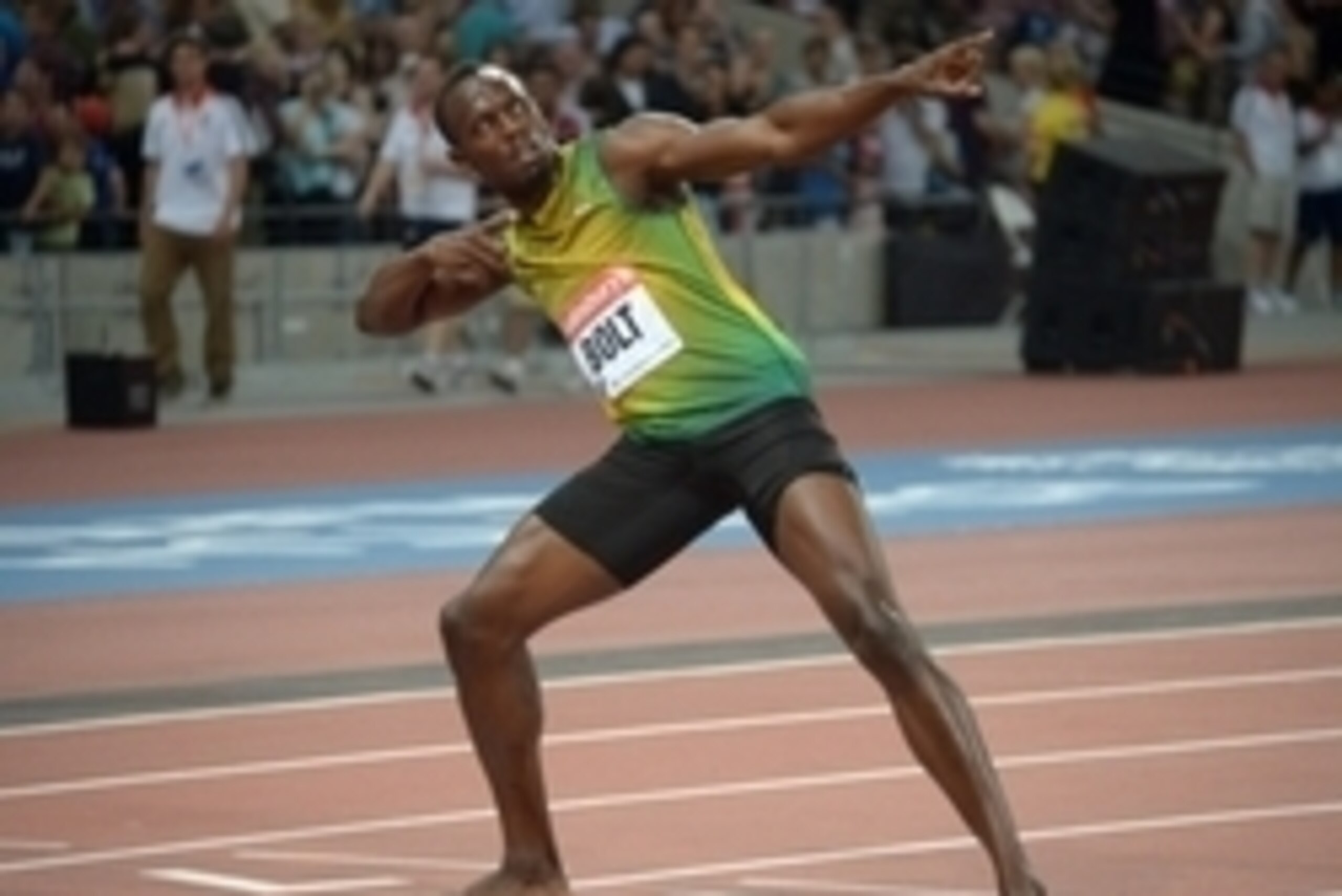 Jul 26, 2013; London, UNITED KINGDOM; Usain Bolt (JAM) poses after winning the 100m in 9.85 in the Sainsbury's Anniversary Games at Olympic Stadium. Mandatory Credit: Kirby Lee-USA TODAY Sports
