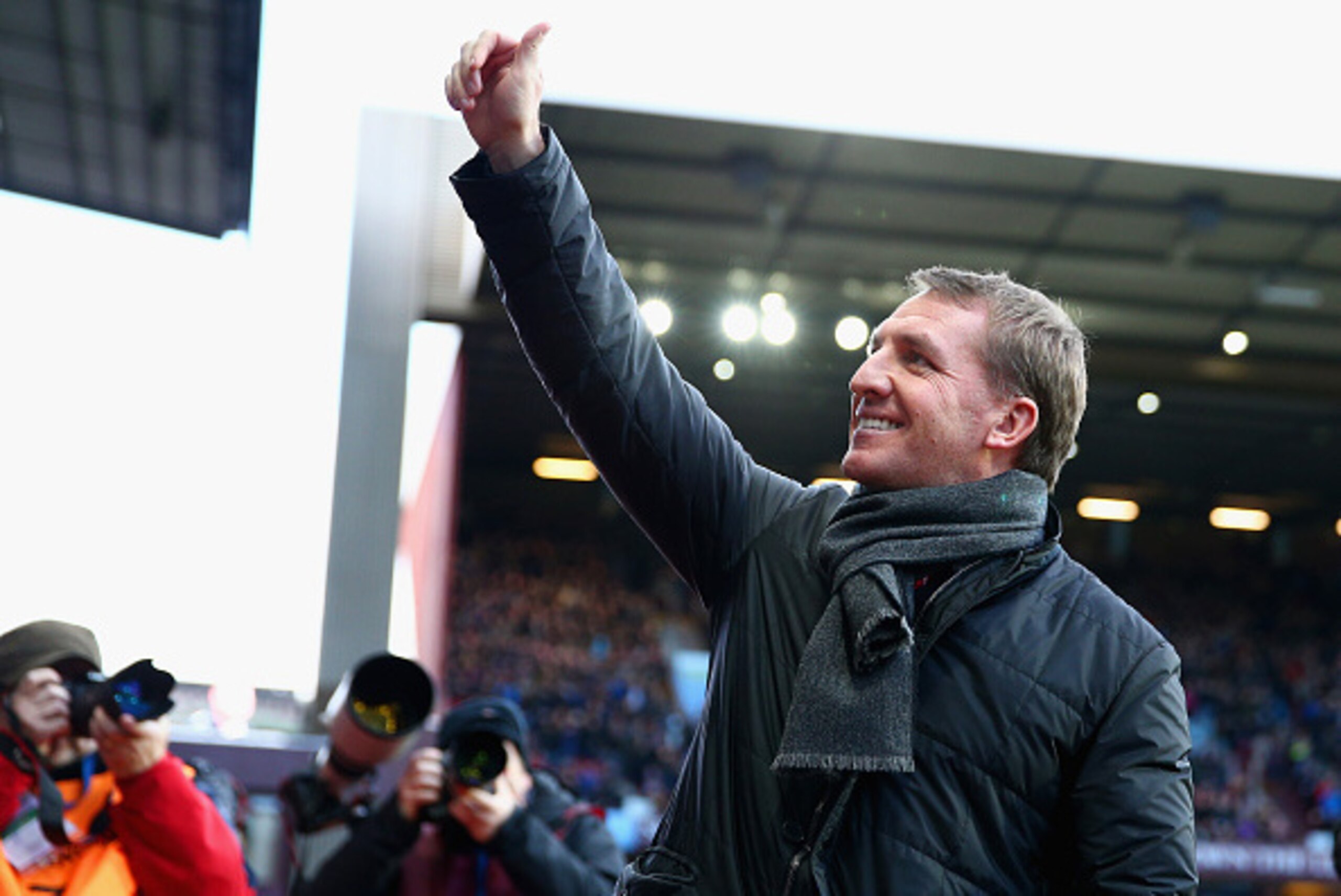 BIRMINGHAM, ENGLAND - JANUARY 17:  Brendan Rodgers, Manager of Liverpool gives a thumbs up during the Barclays Premier League match between Aston Villa and Liverpool at Villa Park on January 17, 2015 in Birmingham, England.  (Photo by Clive Mason/Getty Im