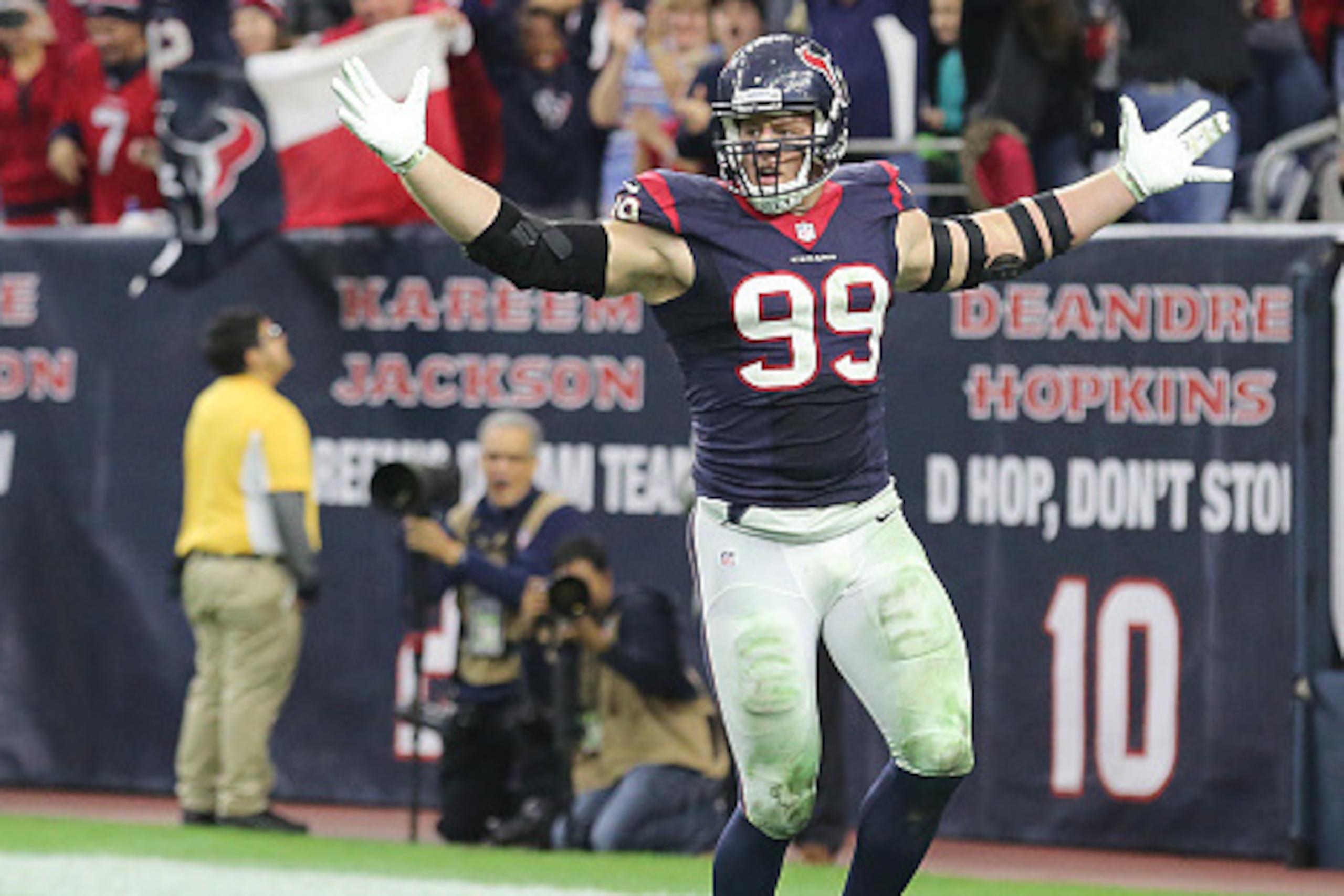 HOUSTON, TX - DECEMBER 28: J.J. Watt #99 of the Houston Texans celebrates his sack against Blake Bortles #5 of the Jacksonville Jaguars in the fourth quarter in a NFL game on December 28, 2014 at NRG Stadium in Houston, Texas. It was Watt's 20th sack for HOUSTON, TX - DECEMBER 28: J.J. Watt #99 of the Houston Texans celebrates his sack against Blake Bortles #5 of the Jacksonville Jaguars in the fourth quarter in a NFL game on December 28, 2014 at NRG Stadium in Houston, Texas. It was Watt's 20th sack for
