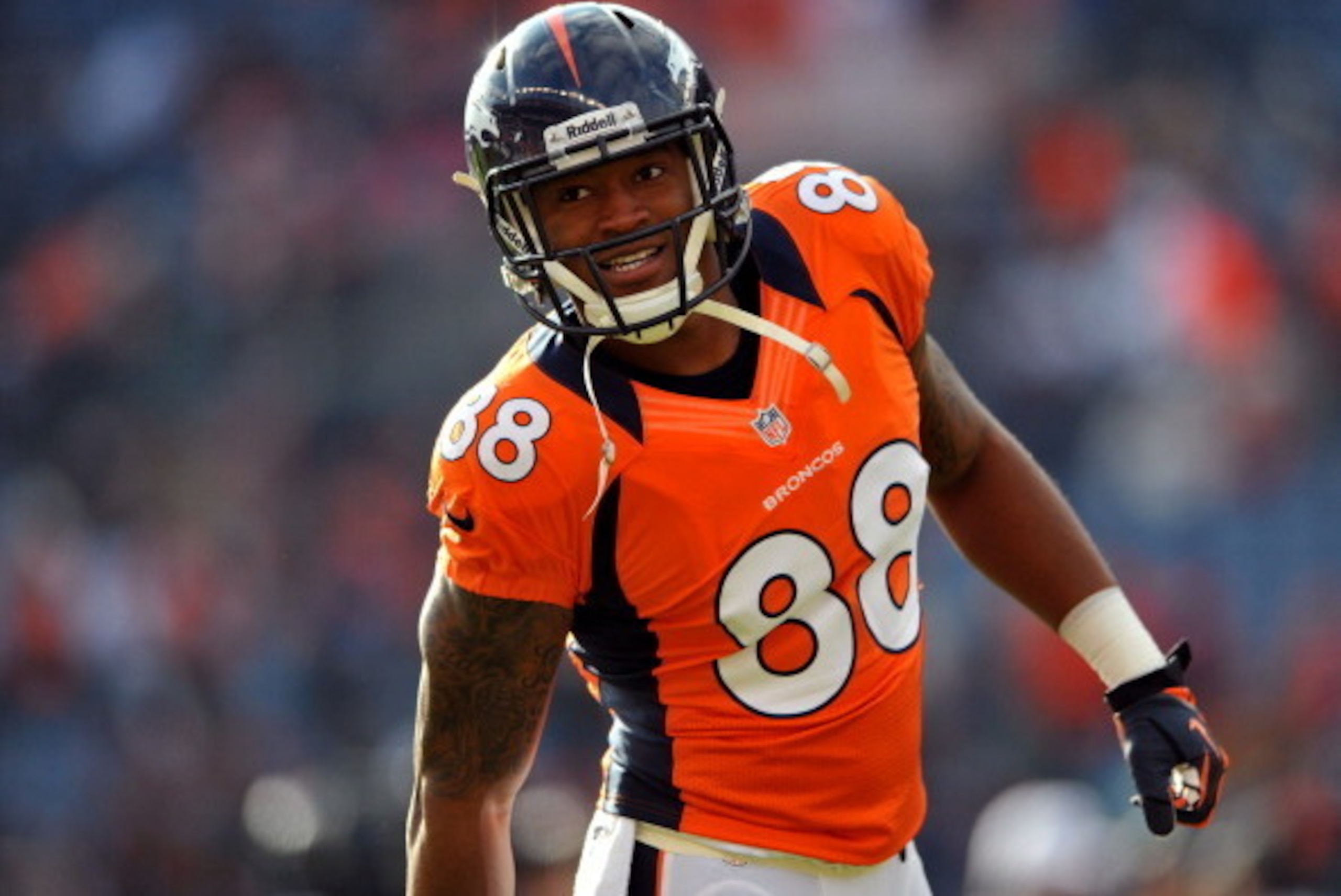 DENVER, CO - JANUARY 12: Demaryius Thomas #88 of the Denver Broncos looks on against the Baltimore Ravens during the AFC Divisional Playoff Game at Sports Authority Field at Mile High on January 12, 2013 in Denver, Colorado. (Photo by Dustin Bradford/Ge DENVER, CO - JANUARY 12: Demaryius Thomas #88 of the Denver Broncos looks on against the Baltimore Ravens during the AFC Divisional Playoff Game at Sports Authority Field at Mile High on January 12, 2013 in Denver, Colorado. (Photo by Dustin Bradford/Ge