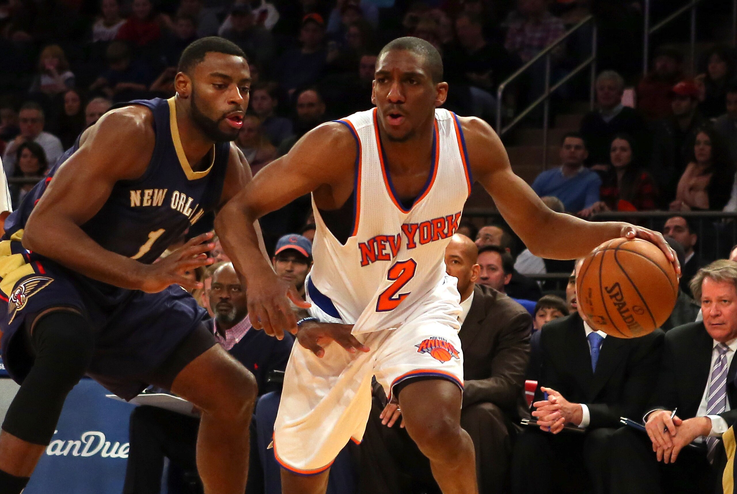 nJan 19, 2015; New York, NY, USA; New York Knicks guard Langston Galloway (2) drives to the basket past New Orleans Pelicans guard Tyreke Evans (1) during the first quarter at Madison Square Garden. Mandatory Credit: Adam Hunger-USA TODAY Sports