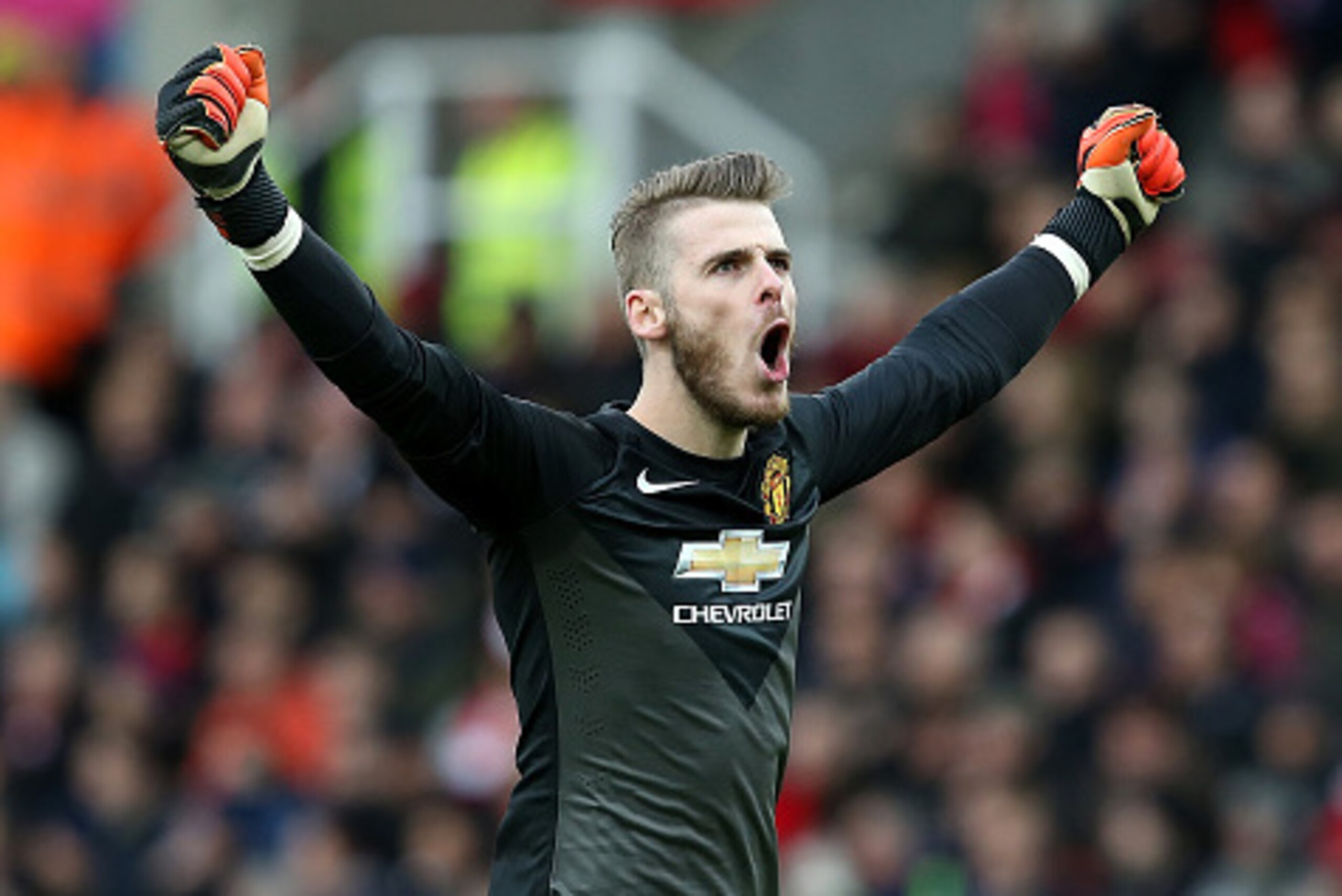 STOKE ON TRENT, ENGLAND - JANUARY 01:  David De Gea of Manchester United  celebrates his team's first goal during the Barclays Premier League match between Stoke City and Manchester United at Britannia Stadium on January 1, 2015 in Stoke on Trent, England